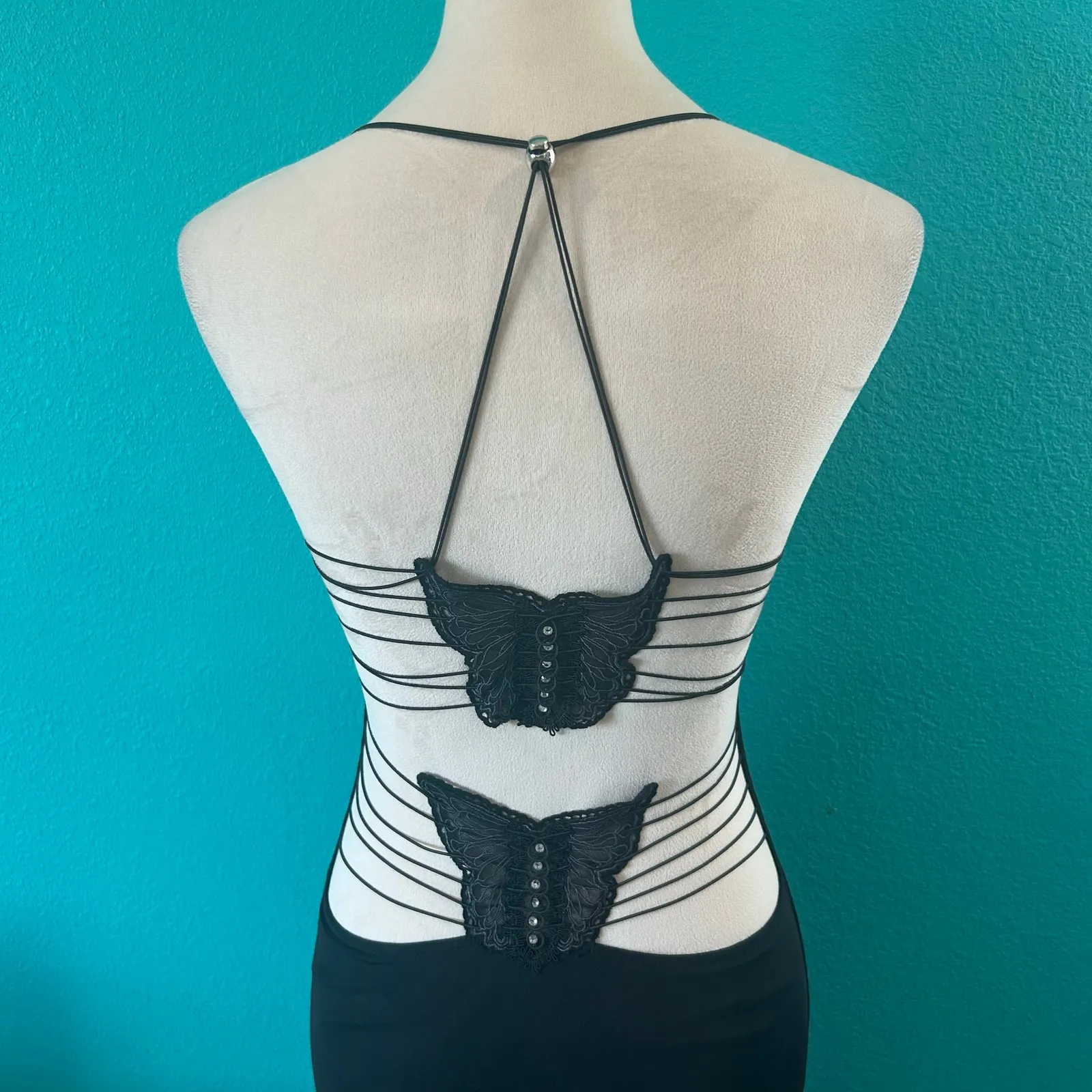 I.AM.GIA. Ellery Dress Black Mesh Strappy Butterfly Back Deep V-Neck Banquet XS - Image 7