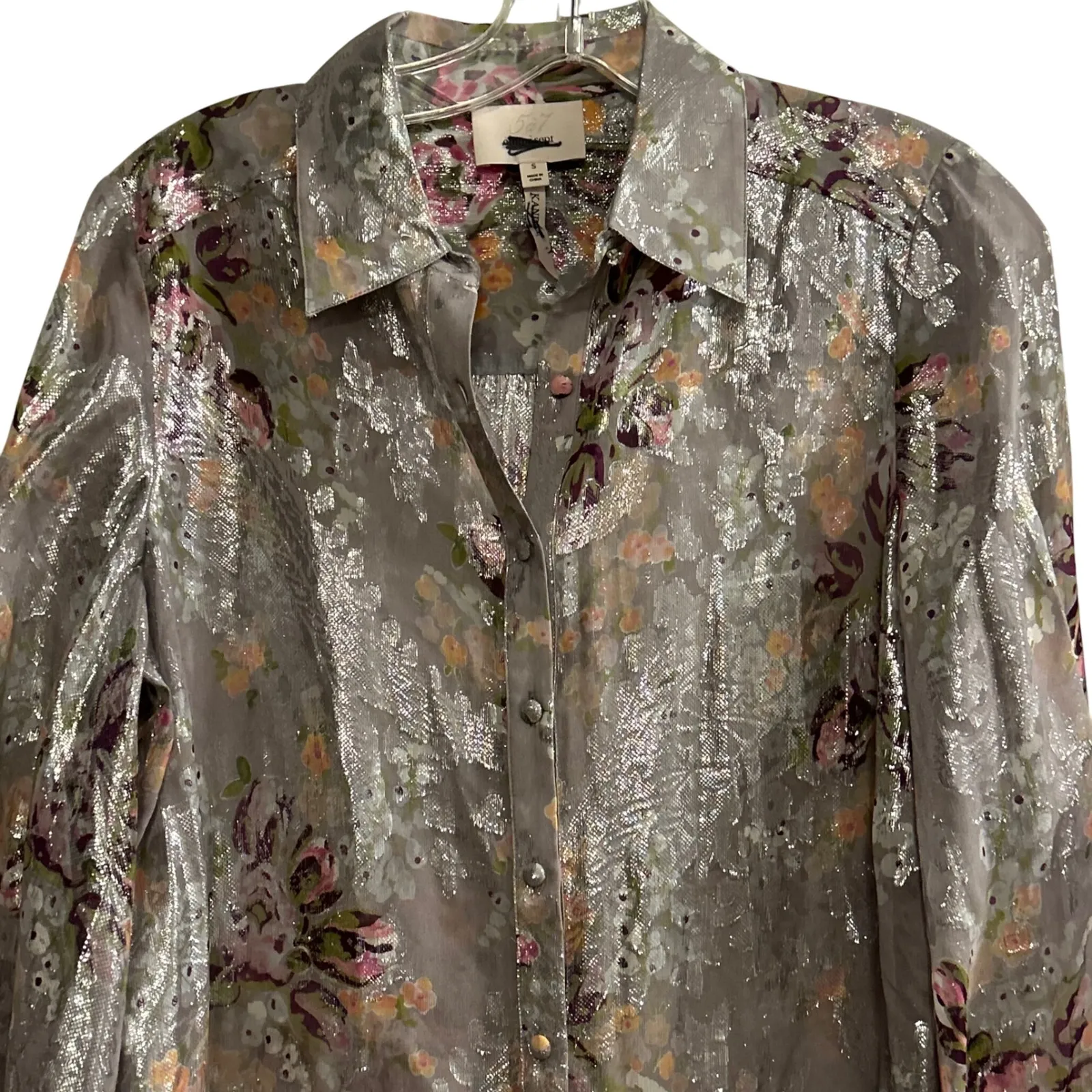 Cinq a Sept Metallic Floral Print Claudette Kandice Button Up Shirt Blouse Small Gray - Image 6