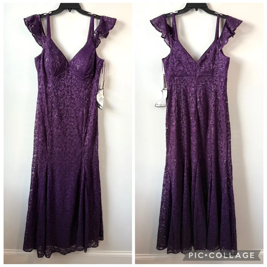R & M Richards Sequins Lace Cold Shoulder Mermaid Gown Plum Purple 12 - Image 3