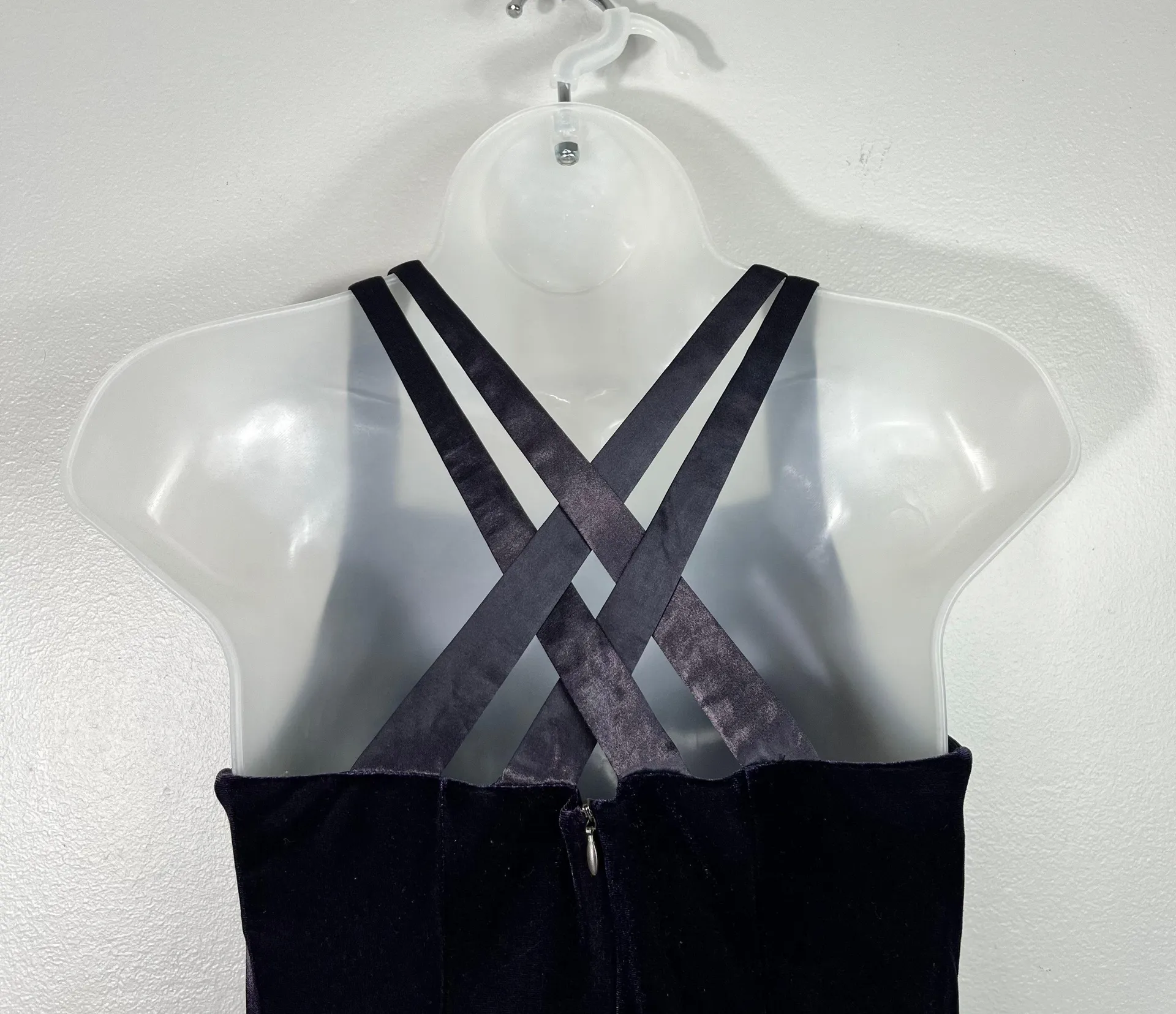 Vintage 90s Dark Purple Velvet Velour Strappy Back Fitted Midi Slit Dress 2 Prom - Image 5