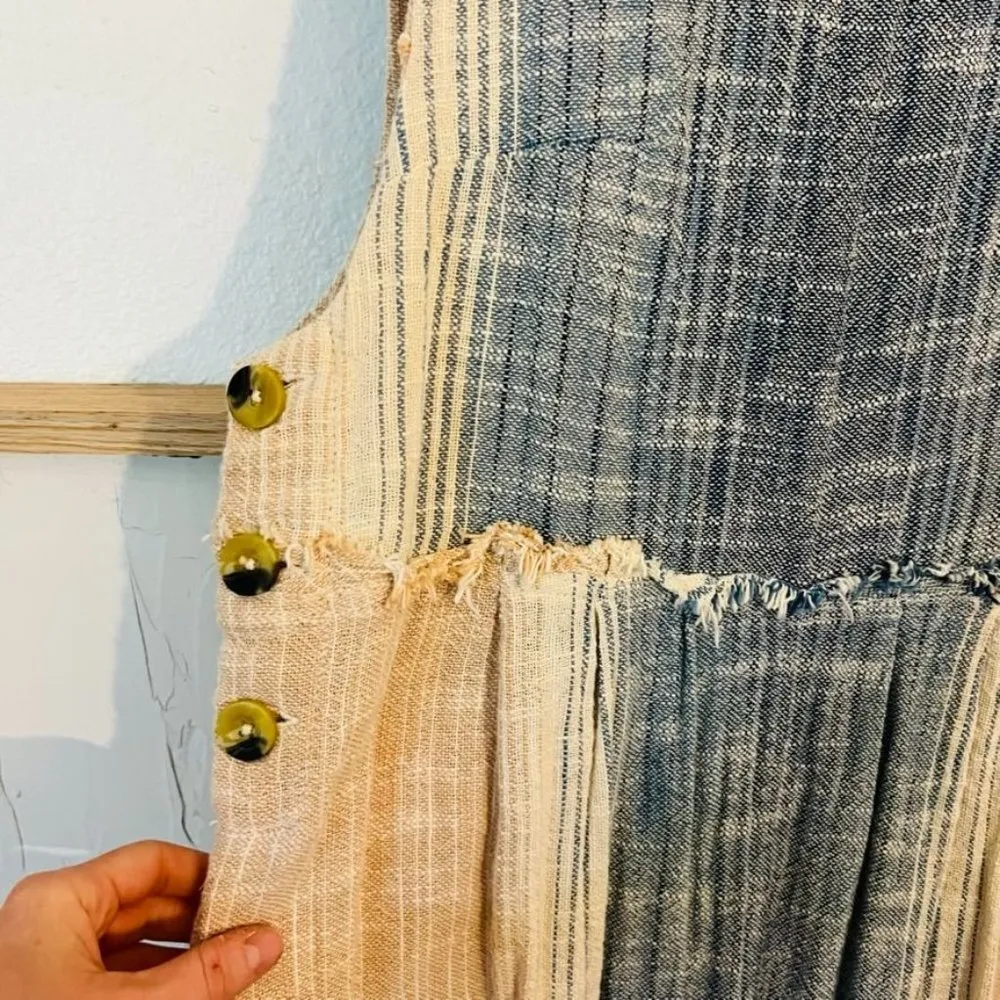 Free People Cream Blue Wide Leg Woven Thick Cotton Jumpsuit - Image 4