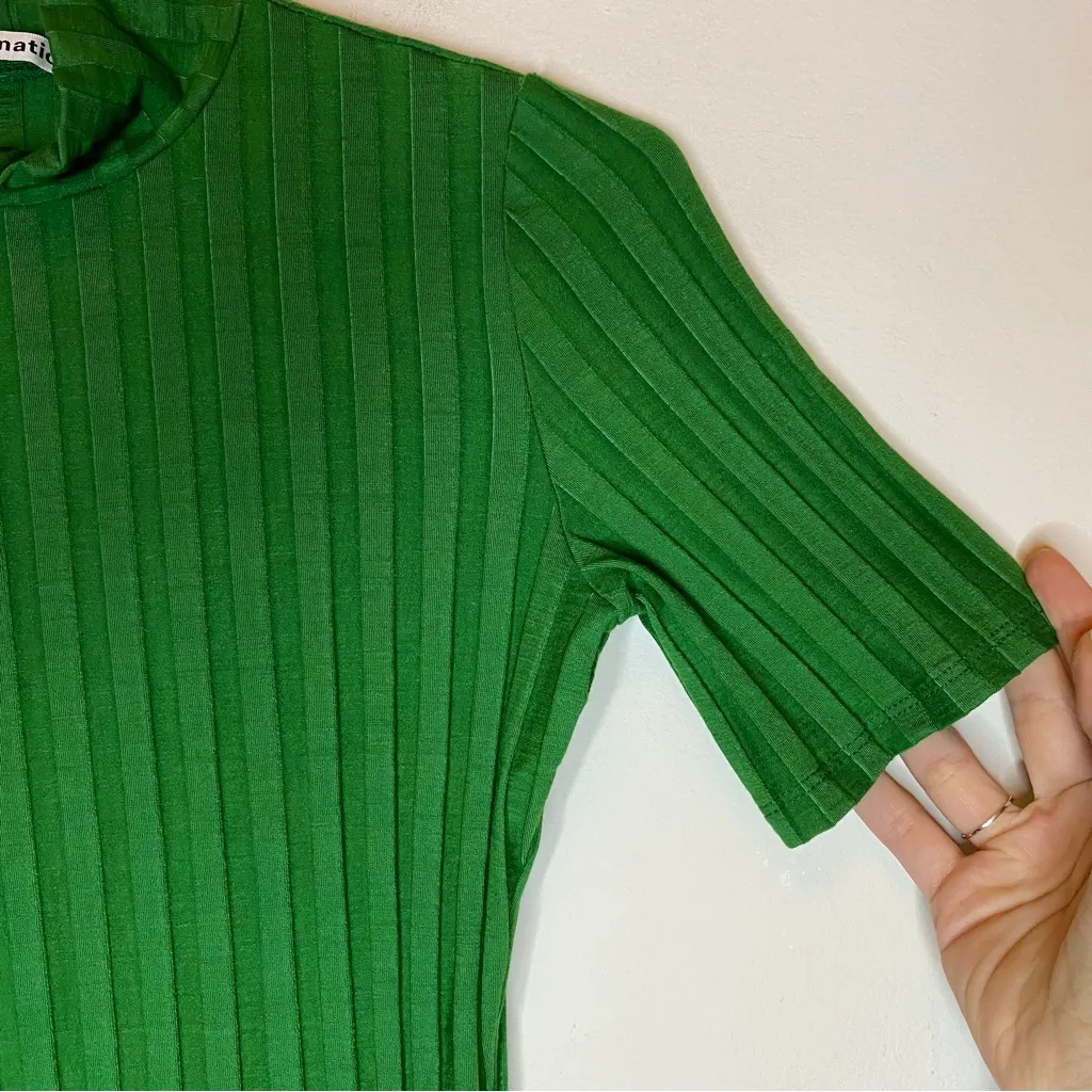 REFORMATION Zia Ribbed Knit Short Sleeve Mini Slit Dress Green Sz Small - Image 7