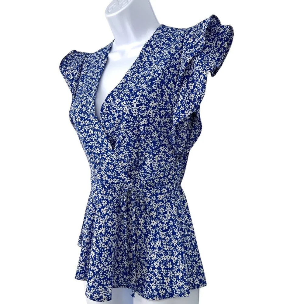 Monteau Floral Ruffle Sleeve Wrap Peplum Blouse Blue White Size Small - Image 5
