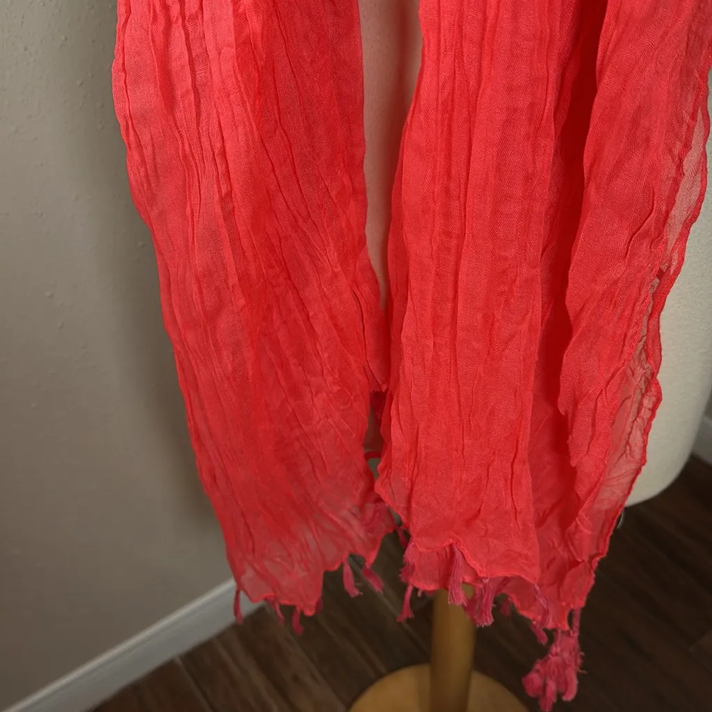 Crinkle Fashion Sheer Scarf with Tassels 36”x72” Watermelon Pink - Image 3