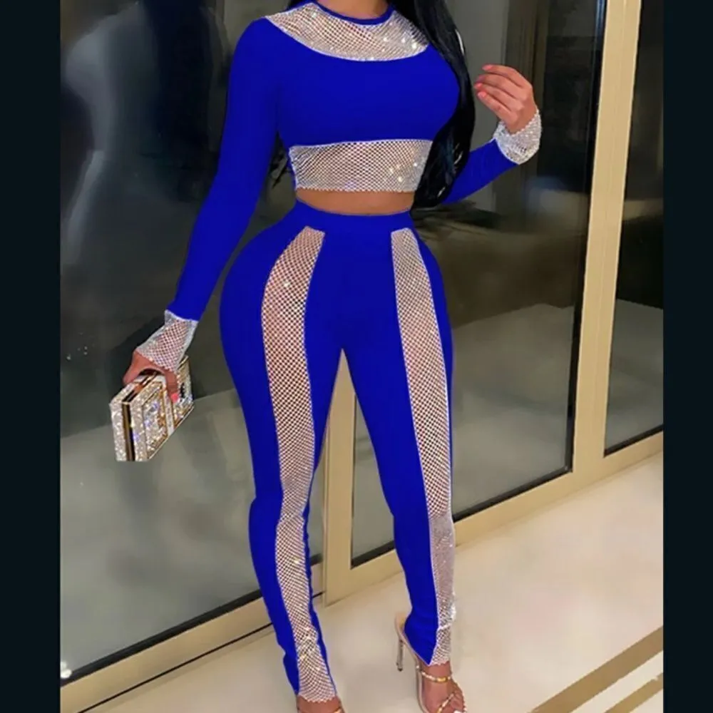 Women’s Sexy Bodycon Blue & Silver Studded Crop Top & Pencil Pants Size XL NWOT - Image 13