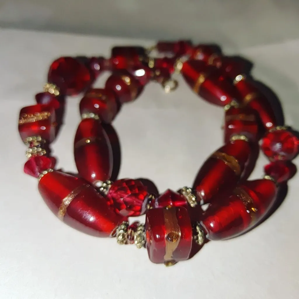 Red Murano Glass Necklace Earrings Vintage Set Gold Accents 17 Inch French Hook - Image 13