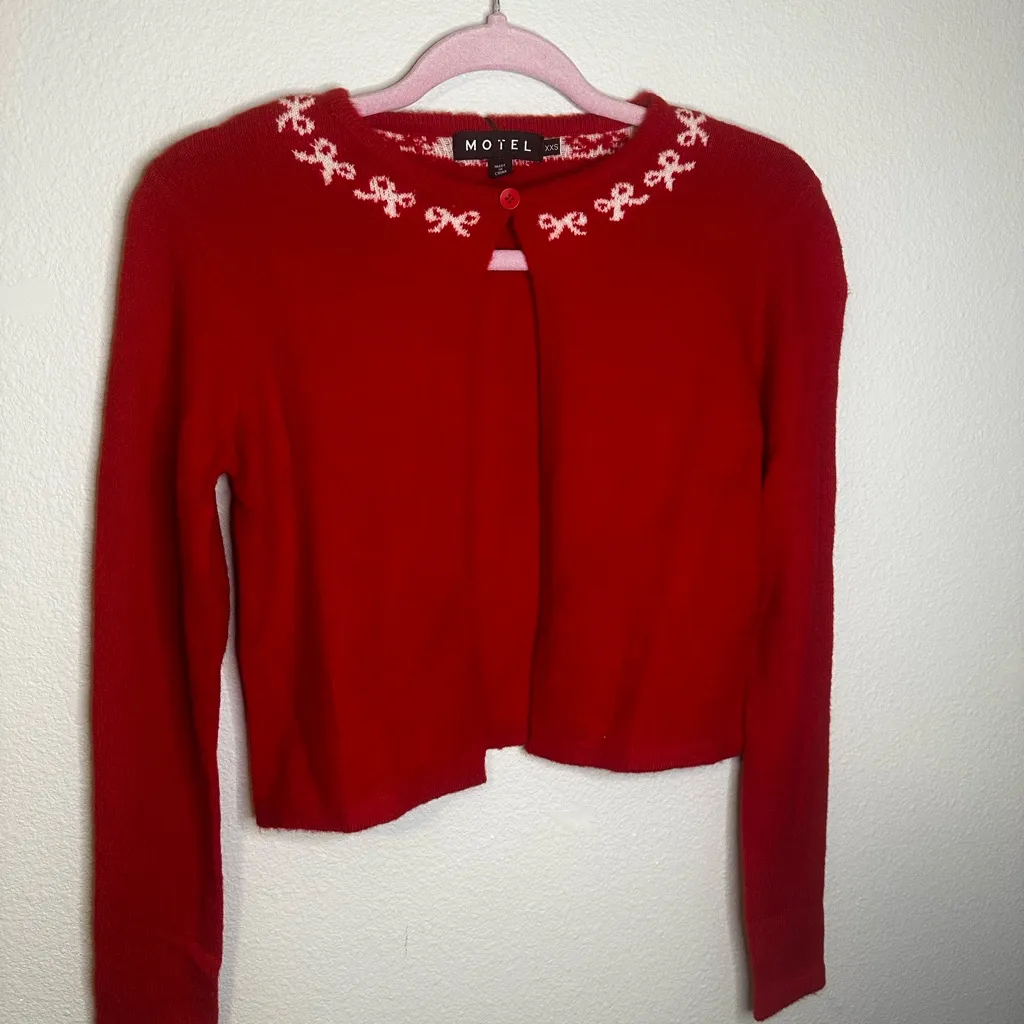 Motel Rocks  Red Cardigan with Bow Trim Accent - Image 3