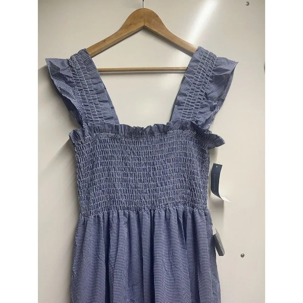 London Times NEW Women's Gingham Smocked Top Midi Dress Blue Size Medium - Image 4
