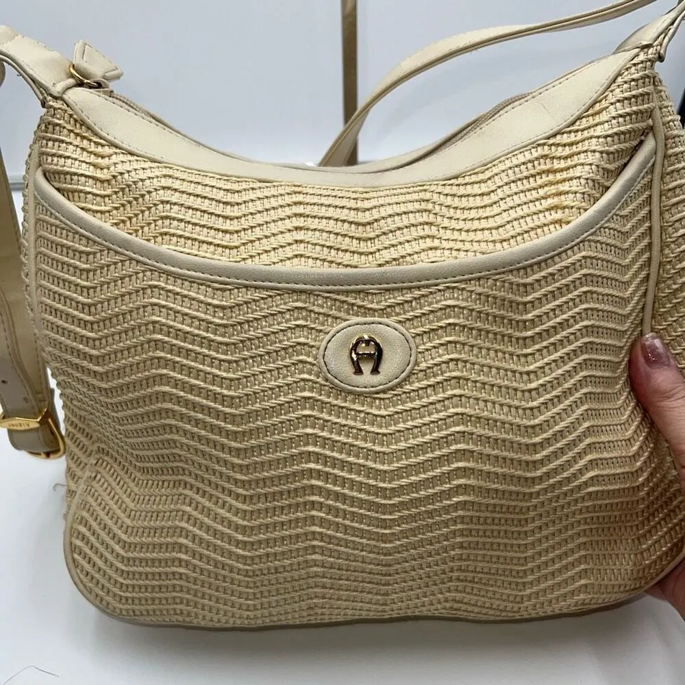 Etienne Aigner Vintage Cream Basket Weave Straw Handbag Neutral Purse - Image 3