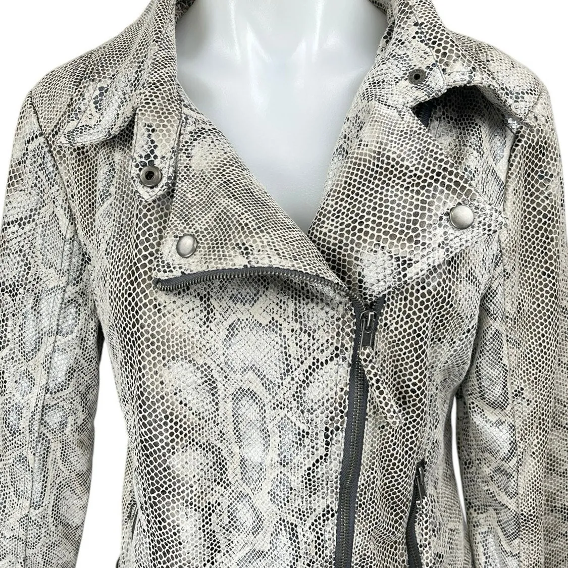 Kut From The Kloth Women Gray Snakeskin Animal Print Zip Up Moto Biker Jacket L - Image 3