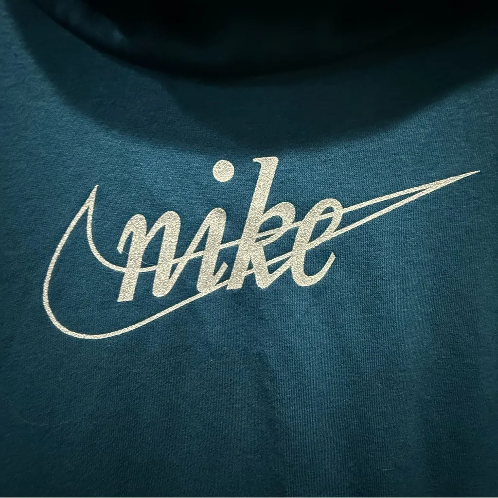 Nike Teal Blue Hoodie with Sparkly Silver Logo, Size L - Image 3