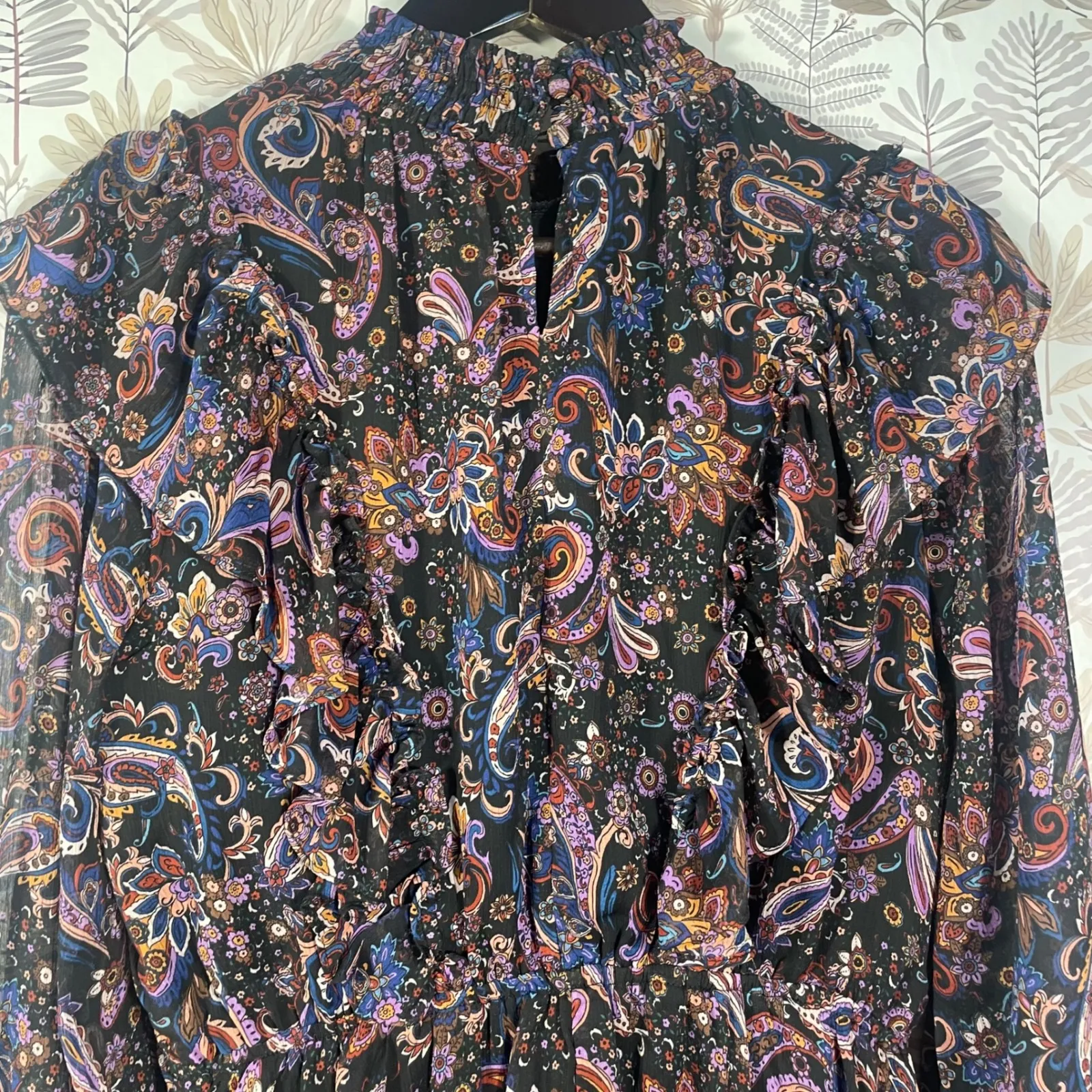 Fate Women's Boho Paisley Mini Dress M Ruffle Long Sleeve Sheer Lined Multicolor Black Size M - Image 8