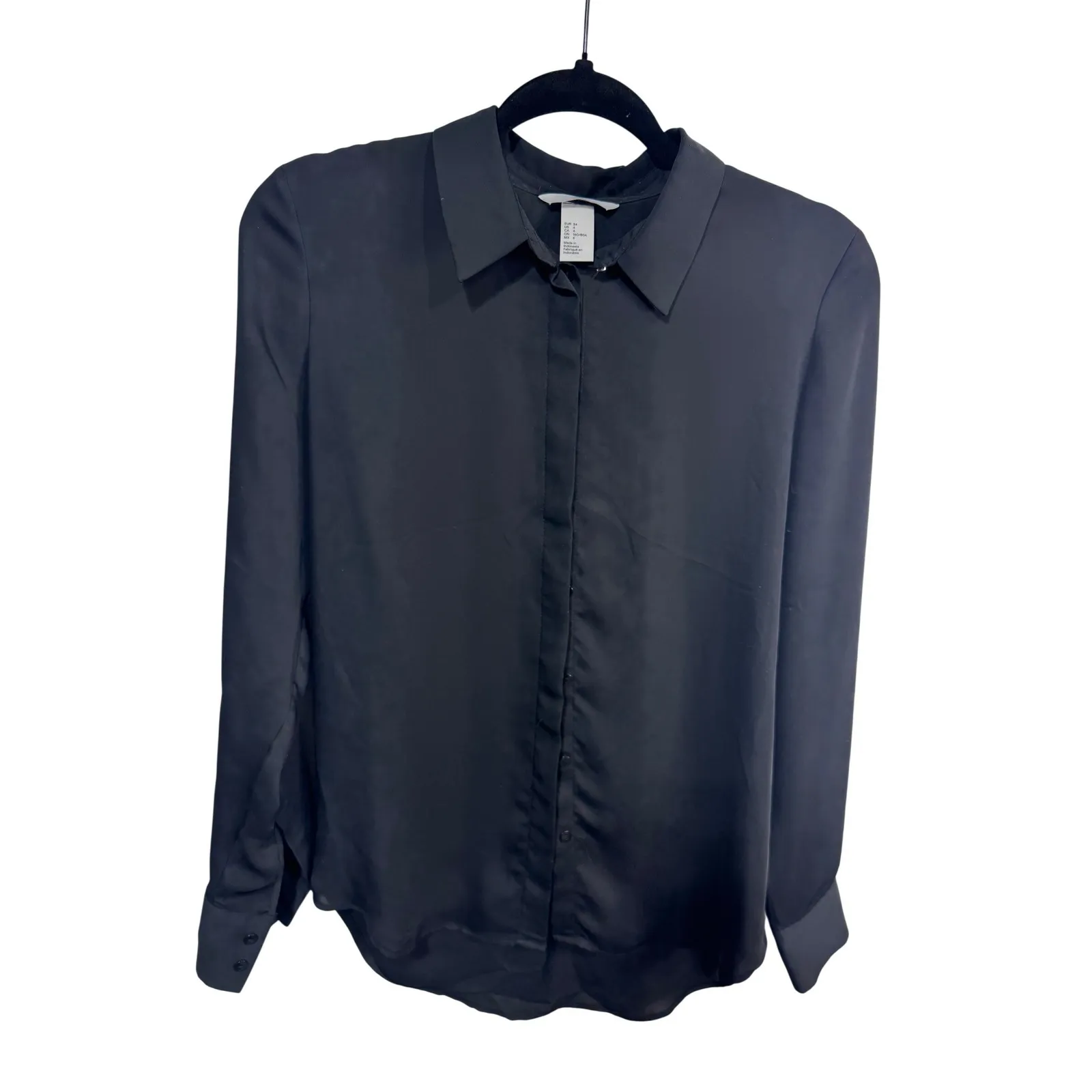 H M Black Long Sleeve Collared Button Up Shirt Women Size 4 - Image 2