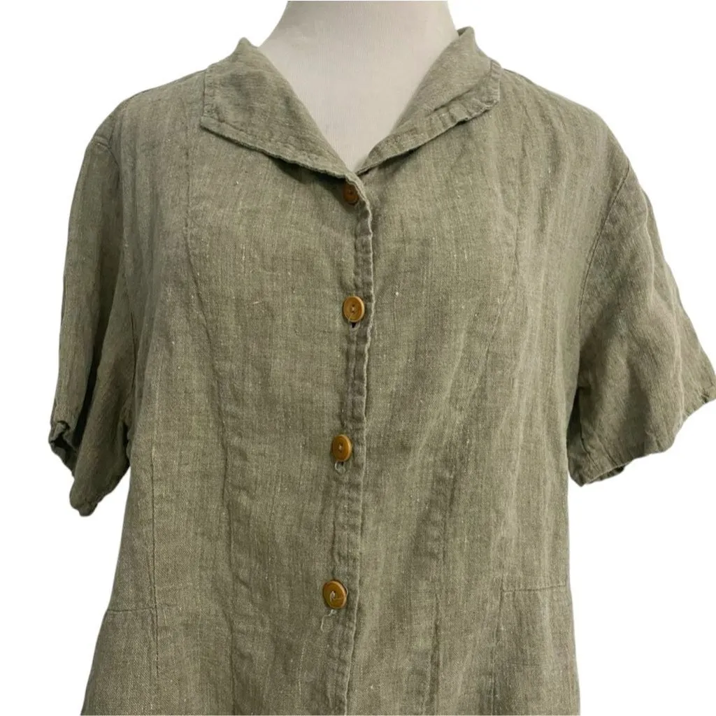FLAX Size Medium  Top Blouse Button Down Linen Short Sleeve Boho Lagenlook - Image 2