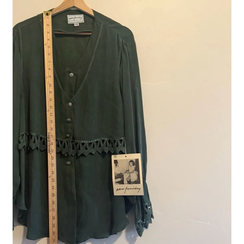 ann ferriday Vintage silk rare dark green olive blouse long sleeve one size Size undefined - Image 7