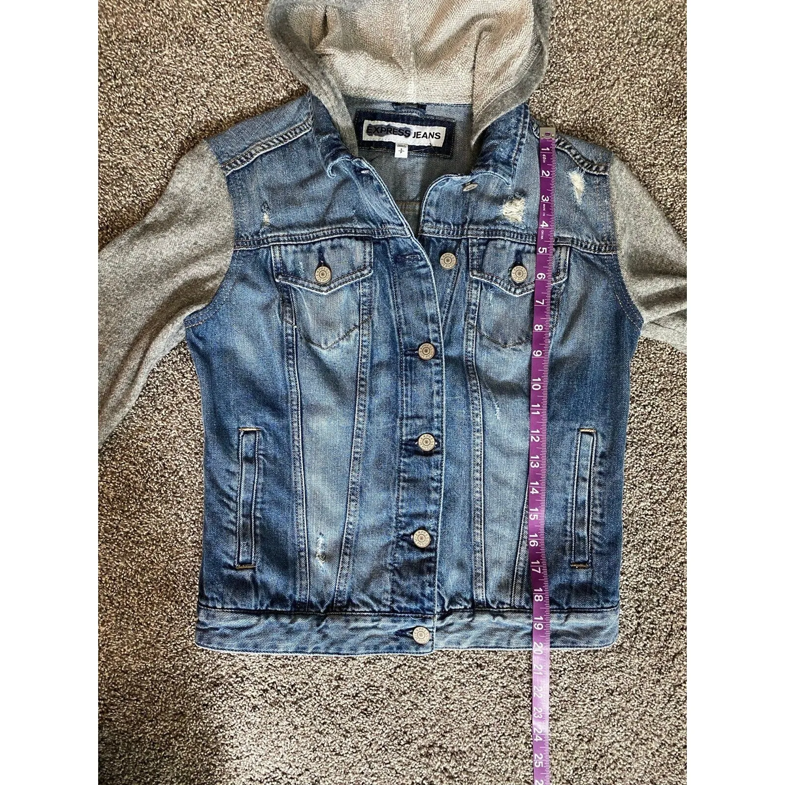Express Denim Jacket with Hoodie Sleeves – Size Small - Image 5
