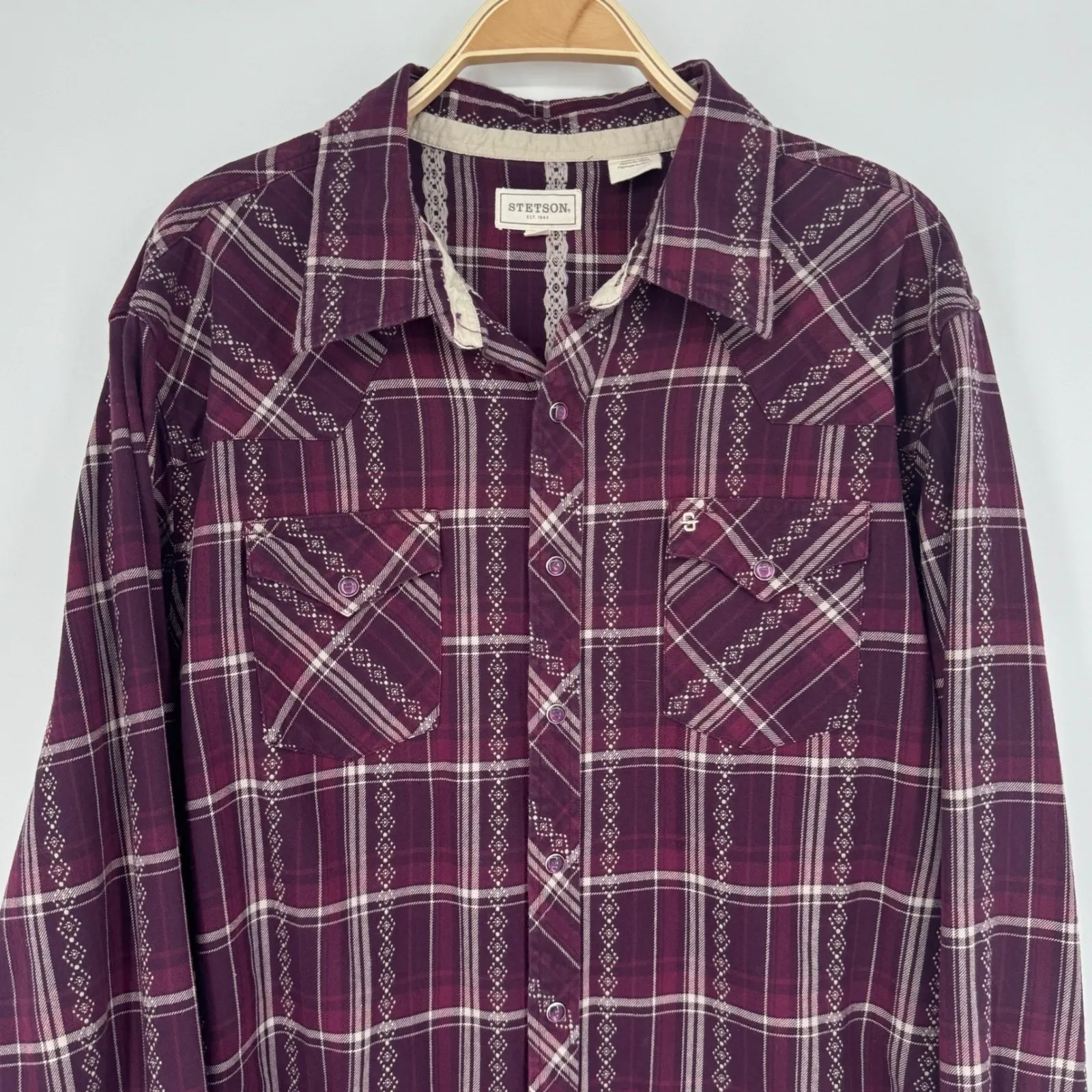 Stetson Plaid Western Shirt Womens 2XL Purple Snap Front Cotton Rodeo‎ Cowgirl - Image 3