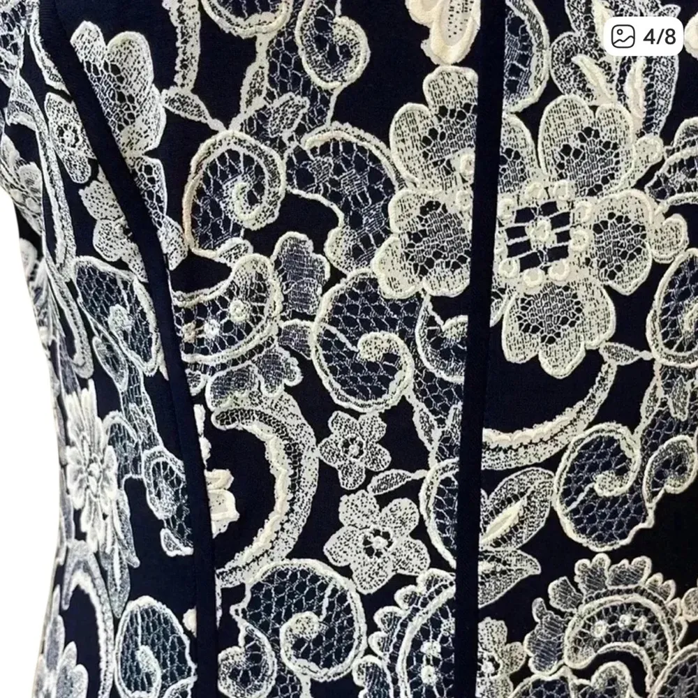 Navy & White Floral Lace Print Sleeveless A-Line Dress - Image 5