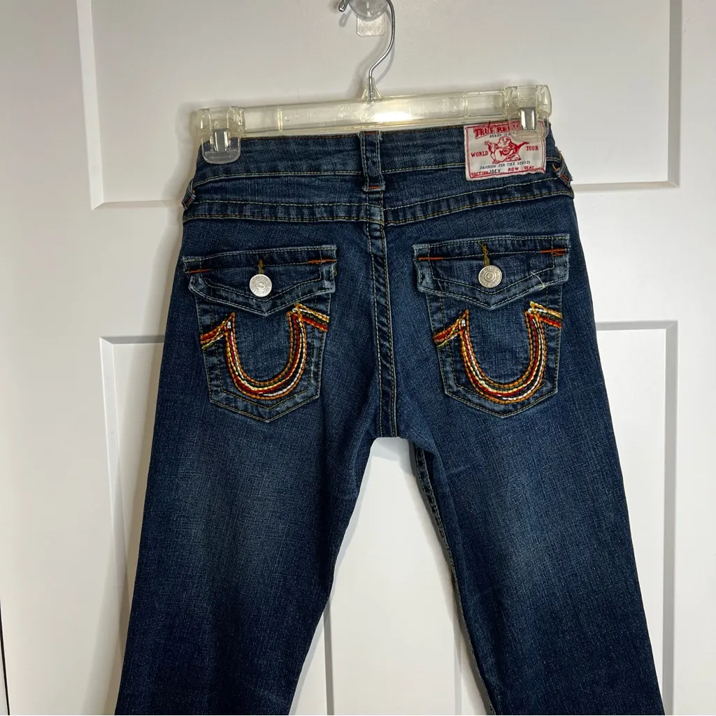 True Religion Rainbow Joey Flared Jeans Twist Stitch Sz 28 Low Rise Y2K - Image 3