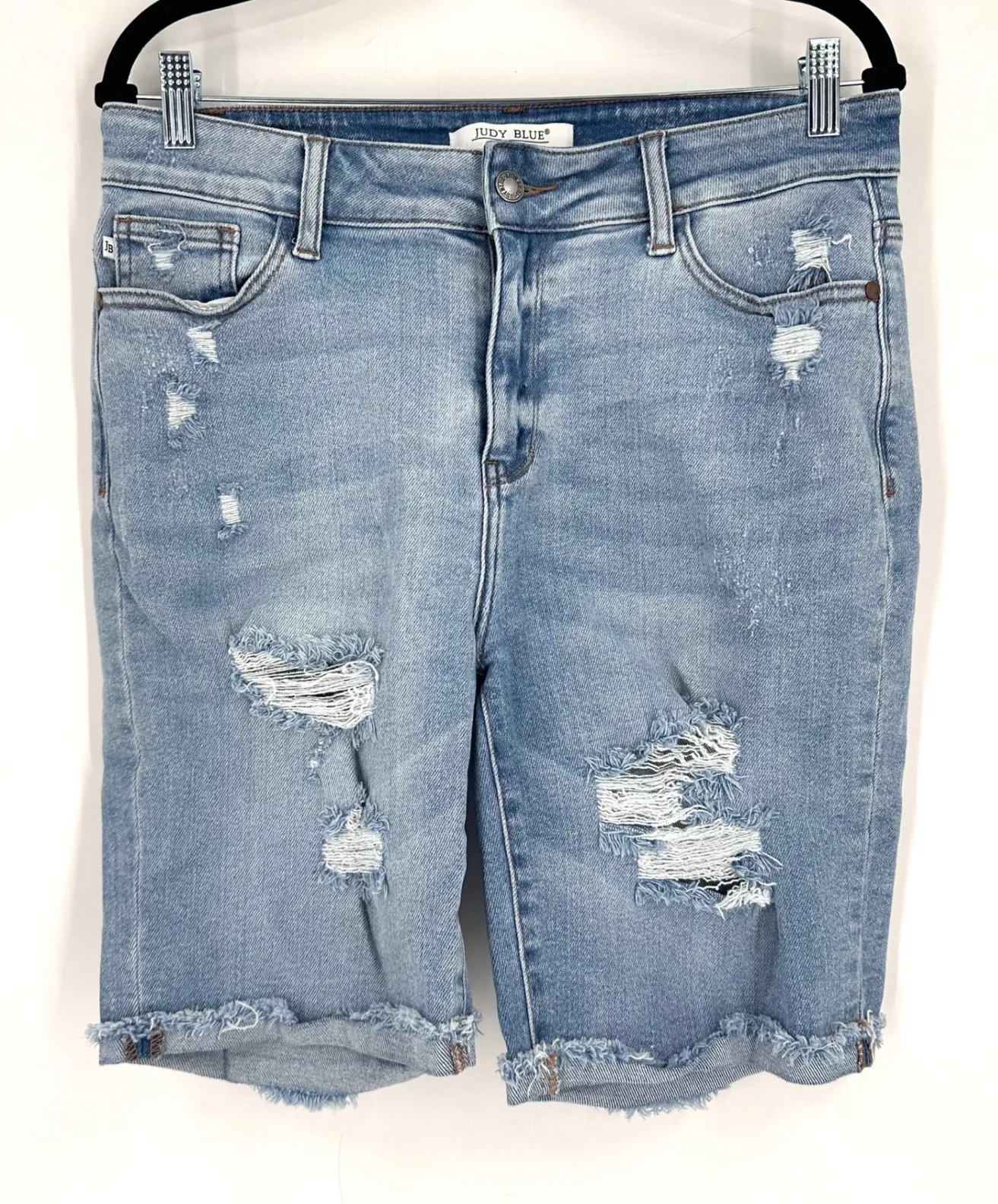 Judy Blue XL Distressed Denim Bermuda Jean Shorts Frayed Hem Distressed - Image 1
