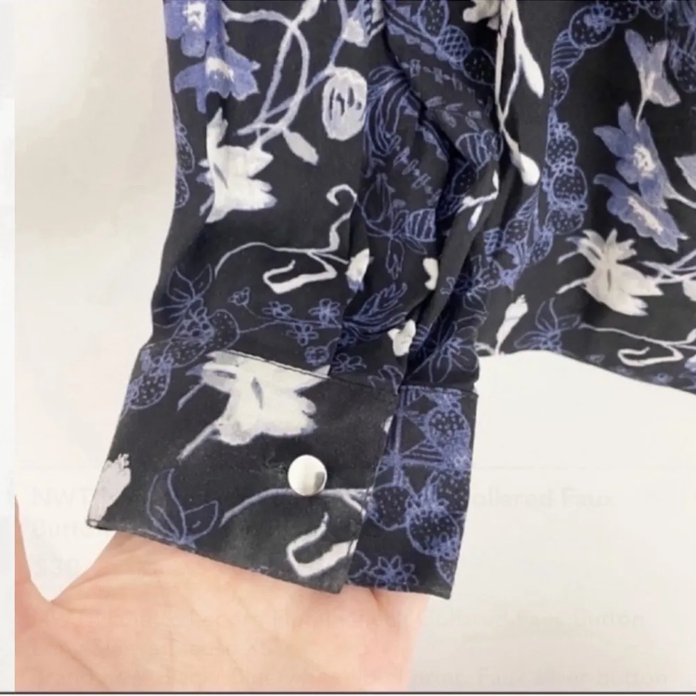 Nanette Lepore Blue Floral V-neck Collared Faux Button Long Sleeve Blouse XS NEW - Image 8