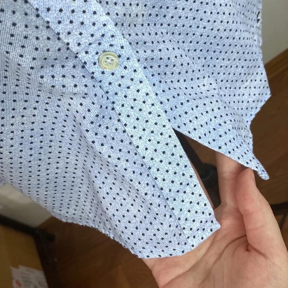 Talbots casual cotton button down shirt micro maple leaf print beige blue sz S - Image 8