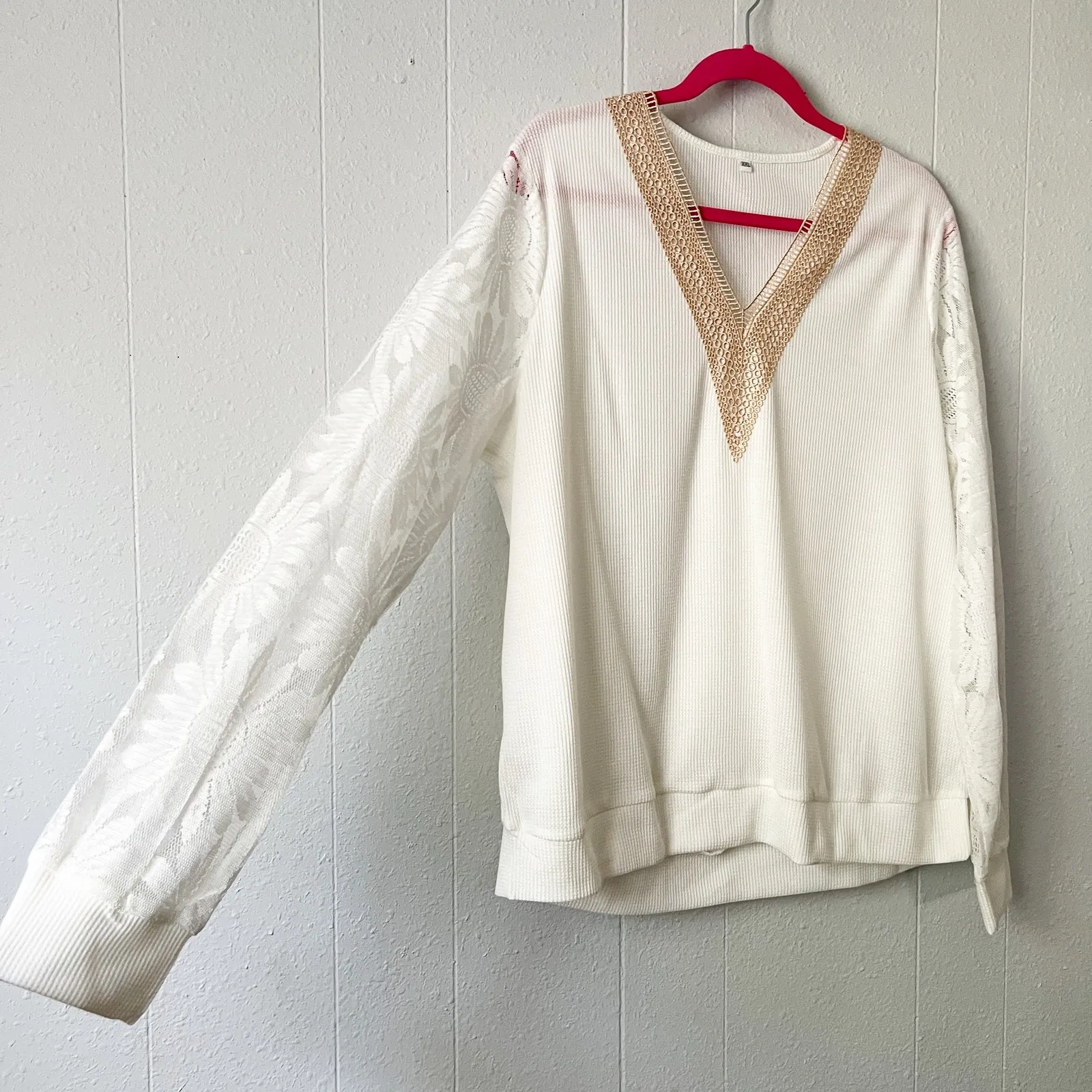 Waffle Knit Lace Sweater Womens XXL Stretch Modest Romantic Boho Clean Polished White - Image 5