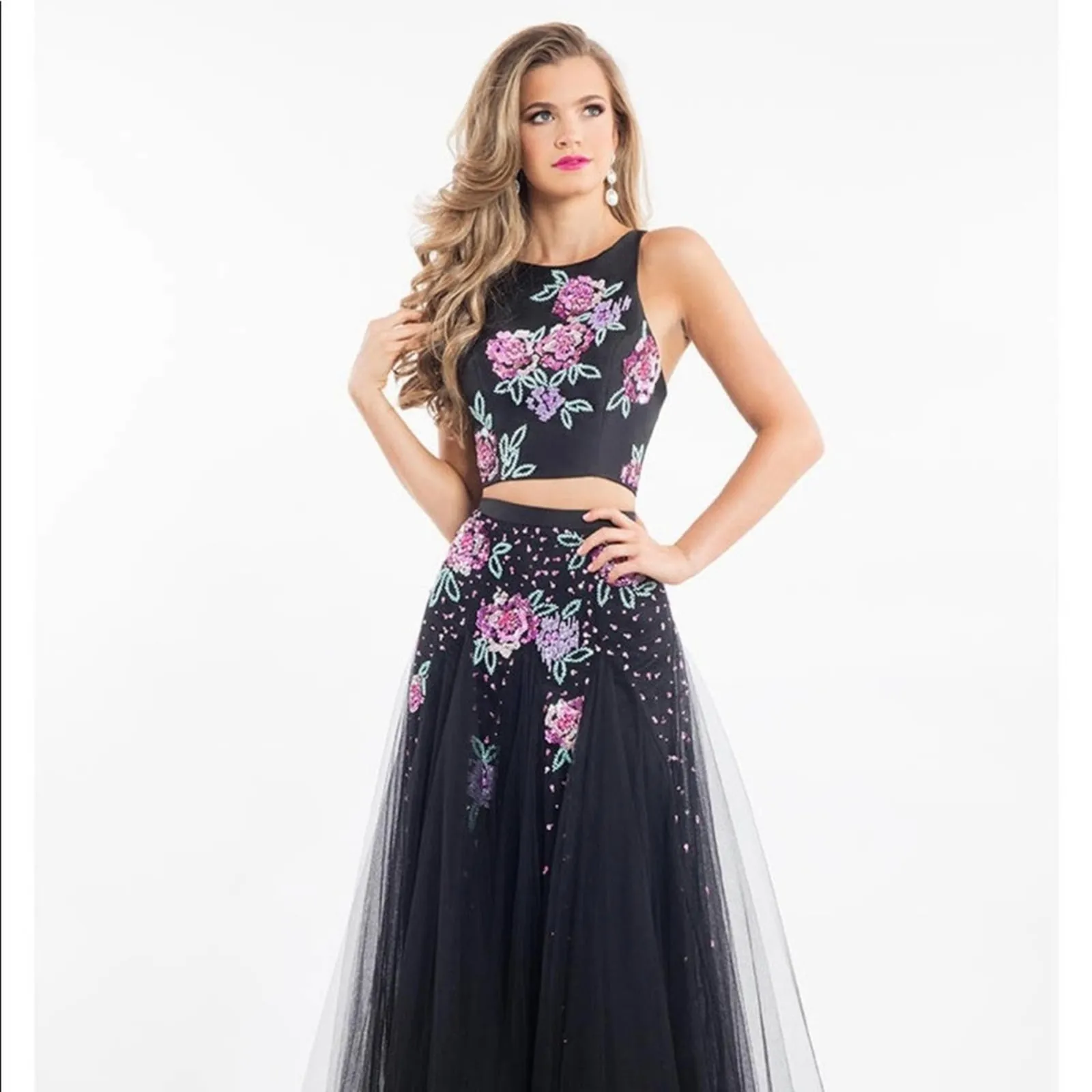 Rachel Allan 7511 floral black tulle high neckline two piece prom dress NEW 0 - Image 3