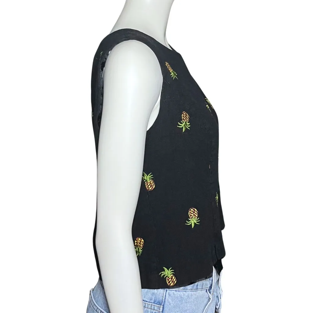 Vintage Black Embroidered Pineapple Tank Top Linen Cotton Blend Petite S/M Retro - Image 5
