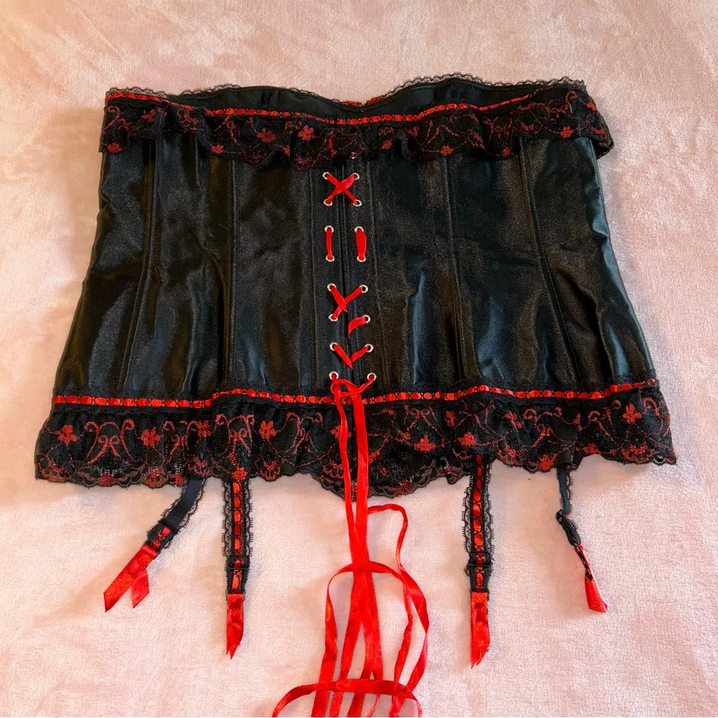 Black and red satin and lace corset with bows garters size 6X goth whimsigoth - Image 4