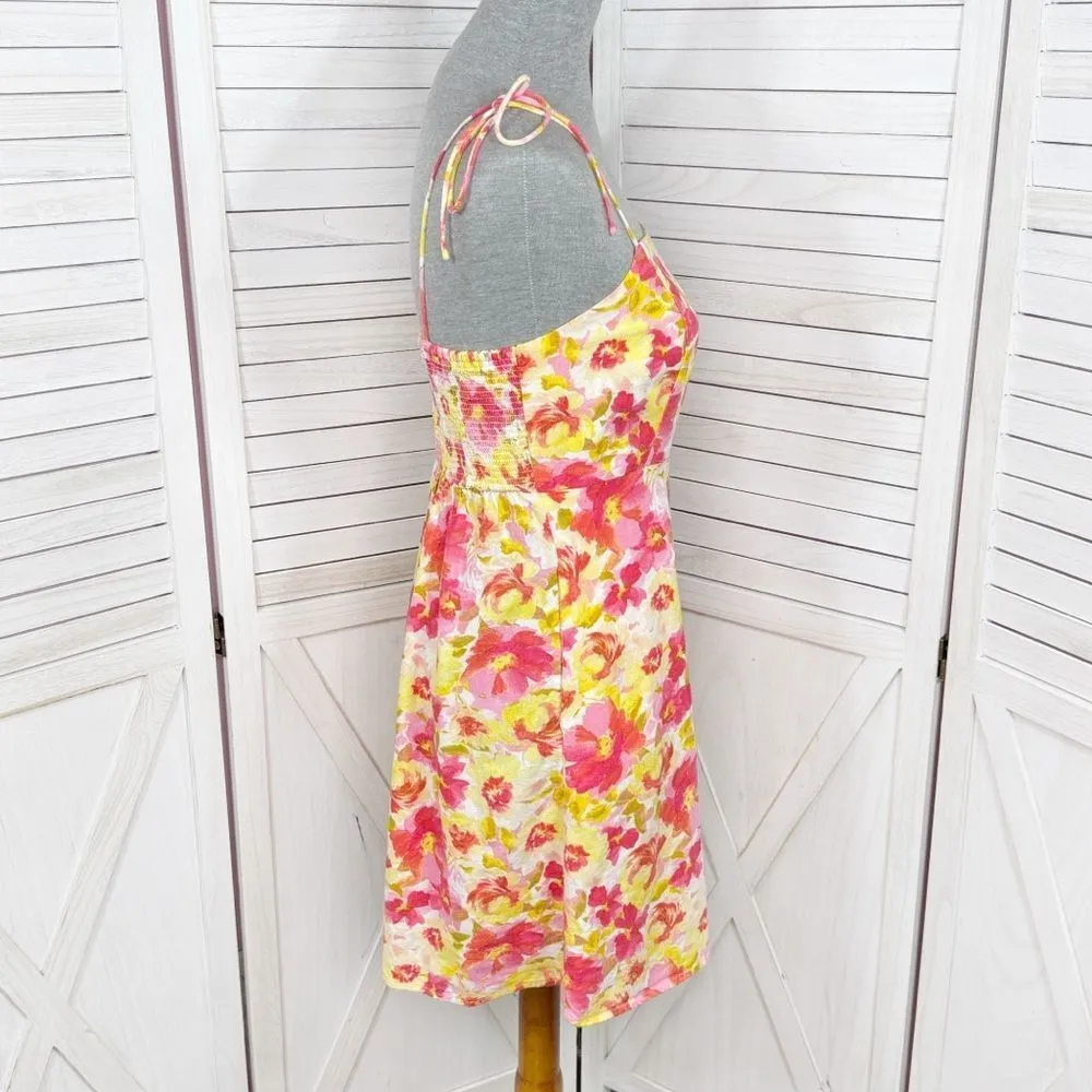 Old‎ Navy Floral Linen Tie Shoulder Cami Mini Dress Sundress Pink Yellow Small - Image 4