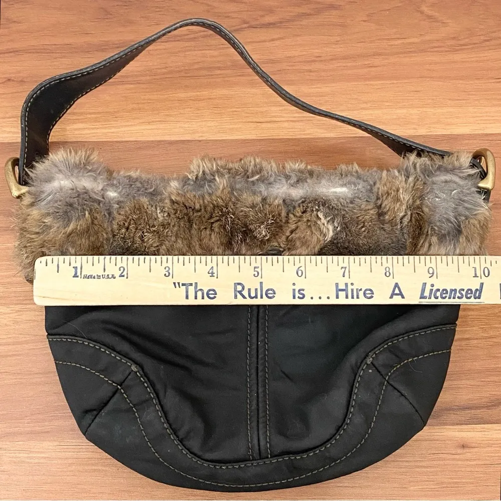 Vintage Y2K COACH 9489 Black Nylon Rabbit Fur Trimmed Small Hobo Shoulder Bag - Image 6