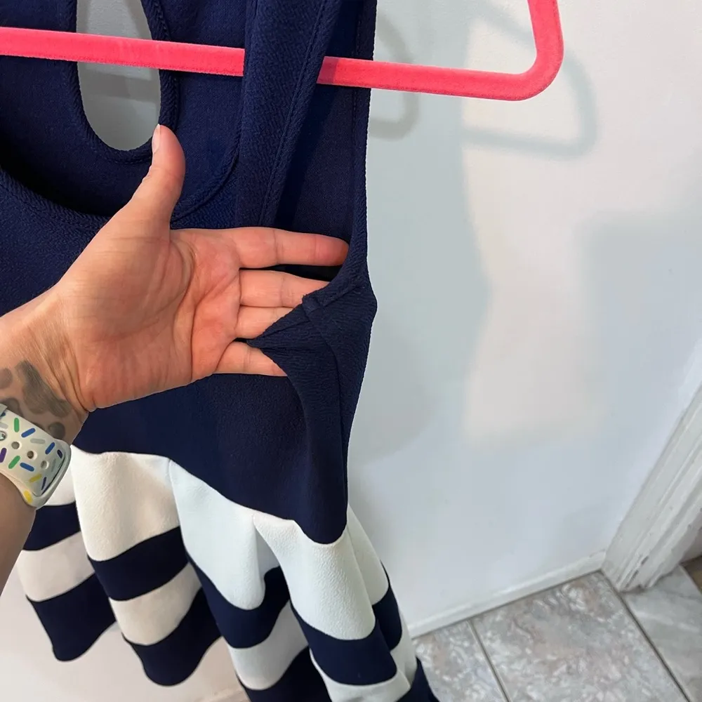 Finn & Clover Navy Blue and White striped fit and flare dress S A-line Nautical - Image 3