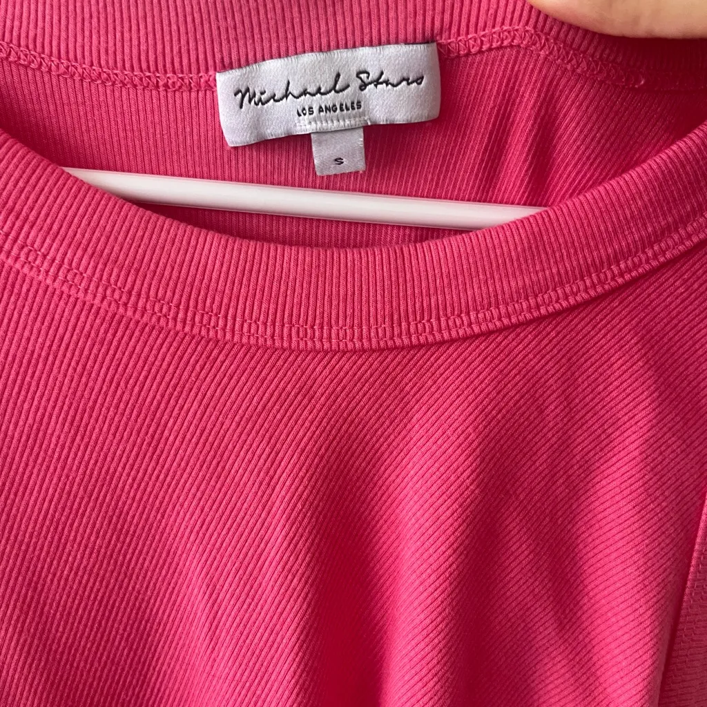 NEW Michael Stars Demi Ribbed Dress Hot Pink Small Midi‎ Ruched Stretch - Image 3
