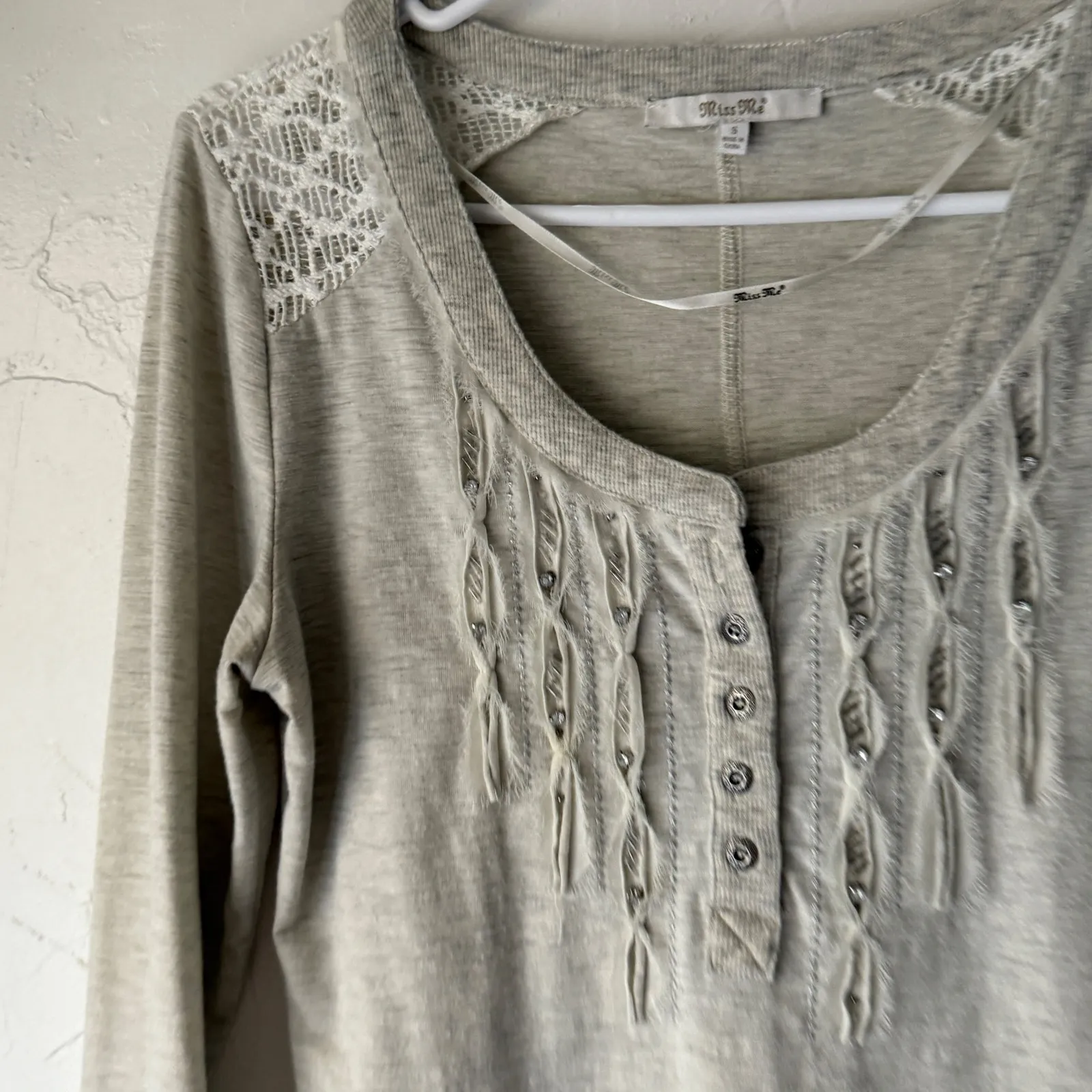 Miss Me‎ Long Sleeve Top Crochet Detail Button Henley S Bling Y2k Western Grunge - Image 4