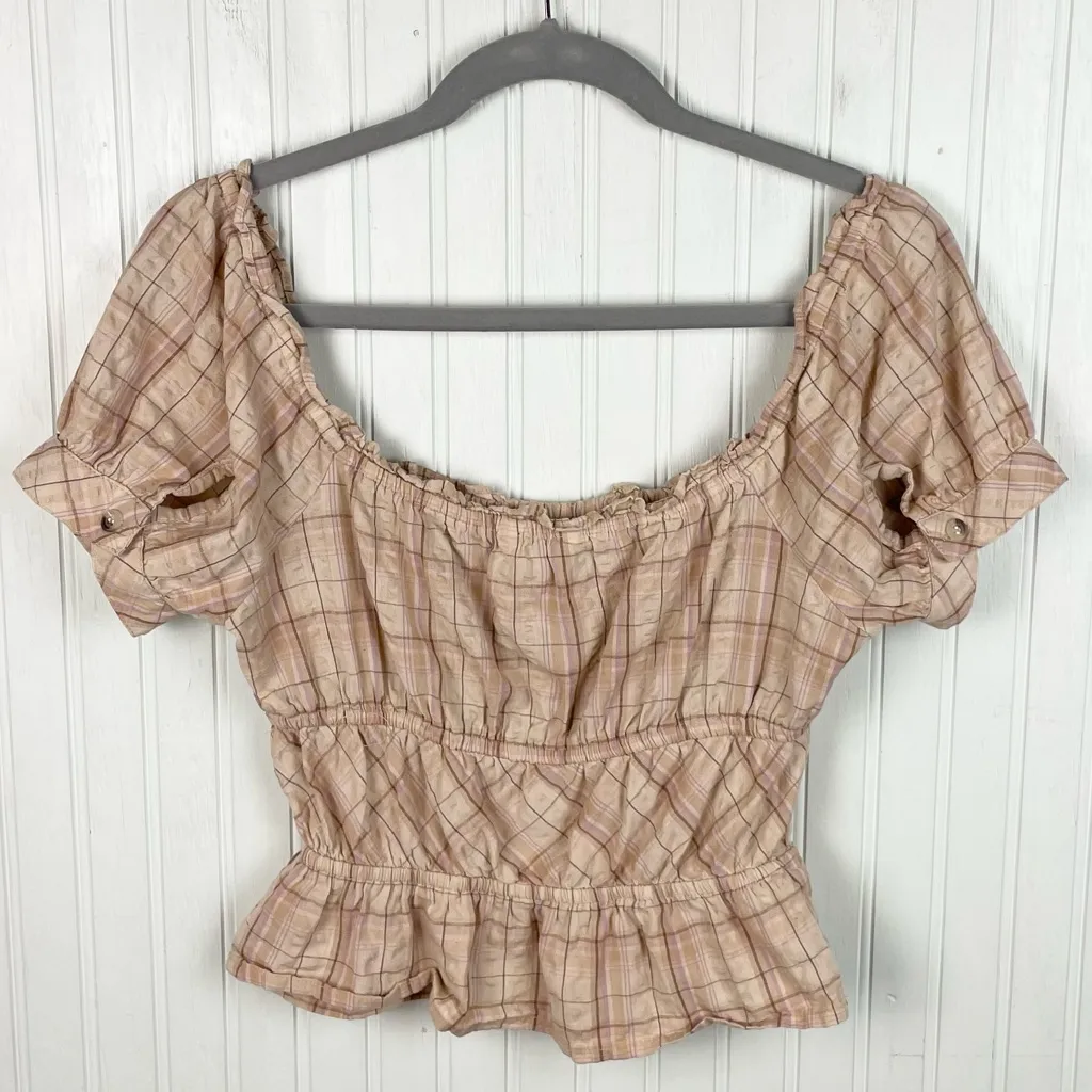 Sim & Sam Puff Sleeve Smocked Top Tan Plaid Size XS Cotton Milkmaid Cottagecore - Image 2