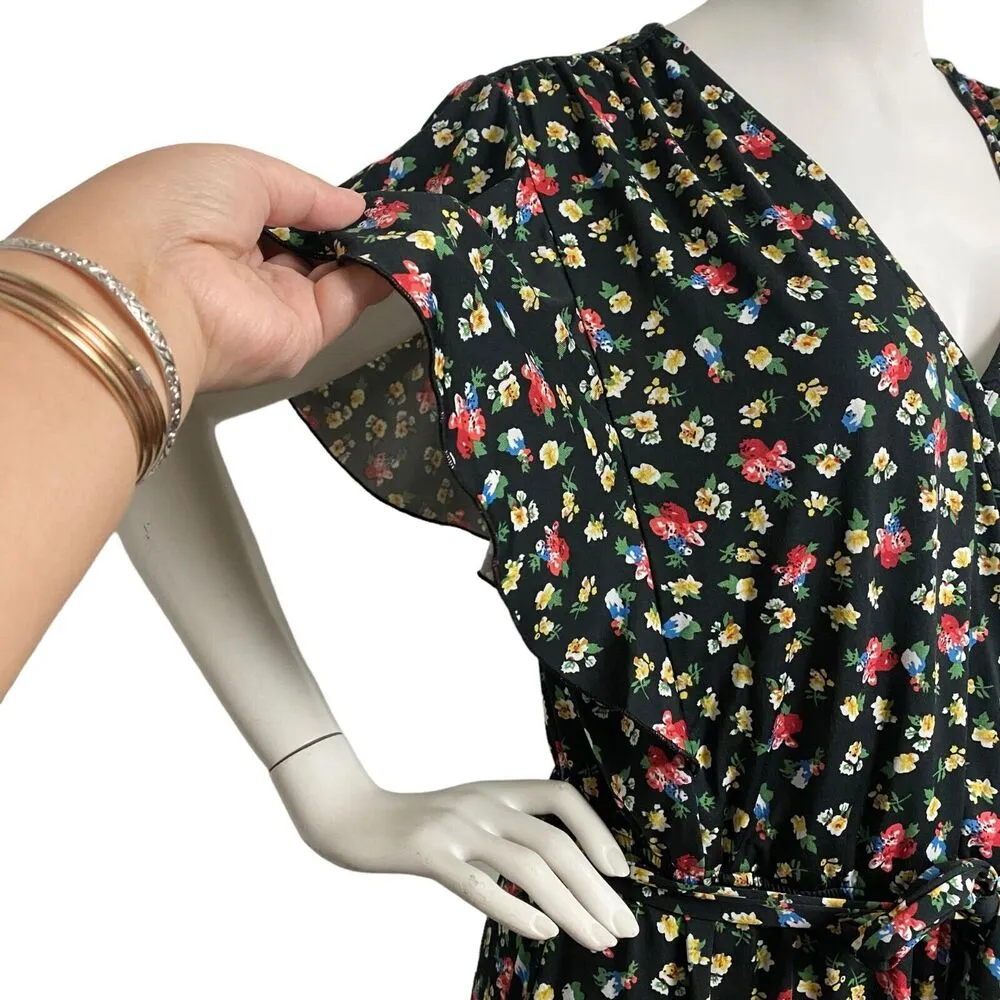 Suzanne Betro Dress Womens Black Floral Faux Wrap High Low Size Large Fin Sleeve - Image 6