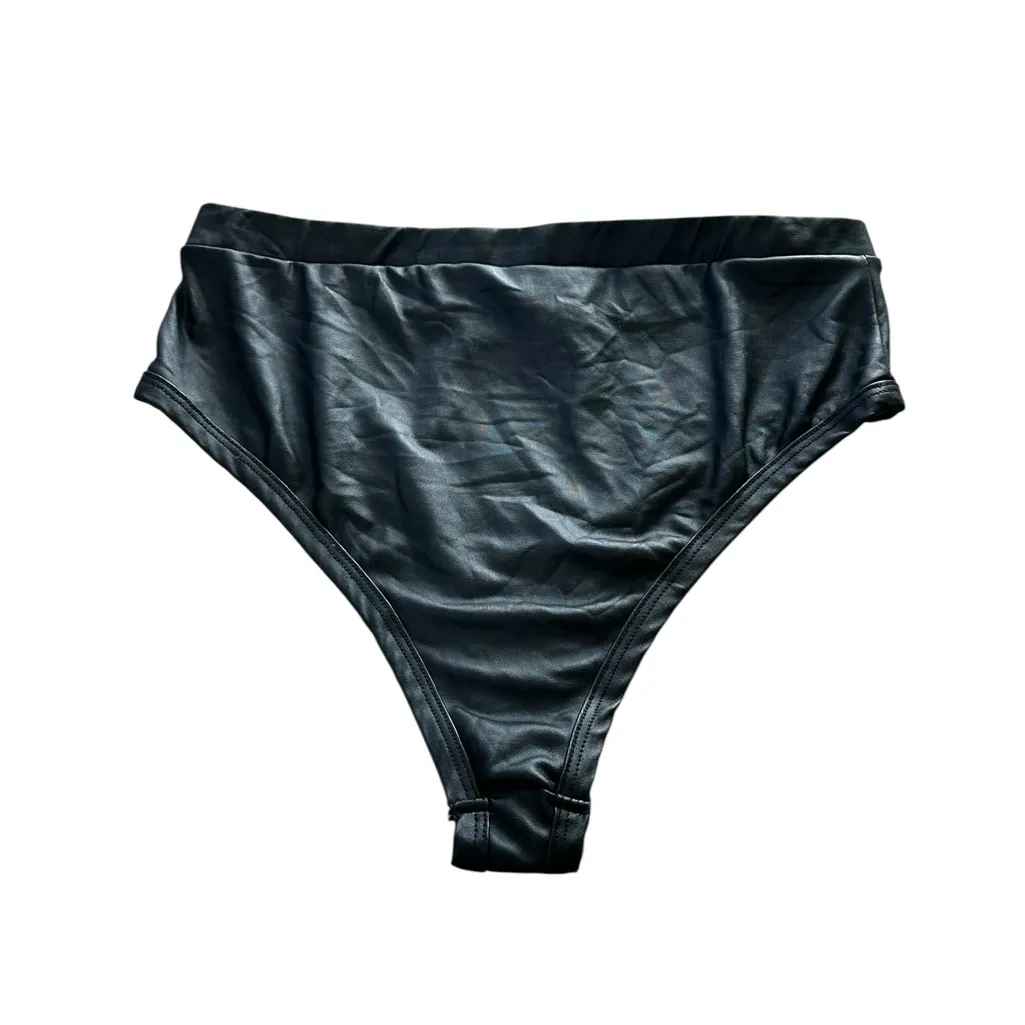 iHeartRaves Black Faux Leather Cheeky Bikini Bottom Festival Rave Size Large - Image 2