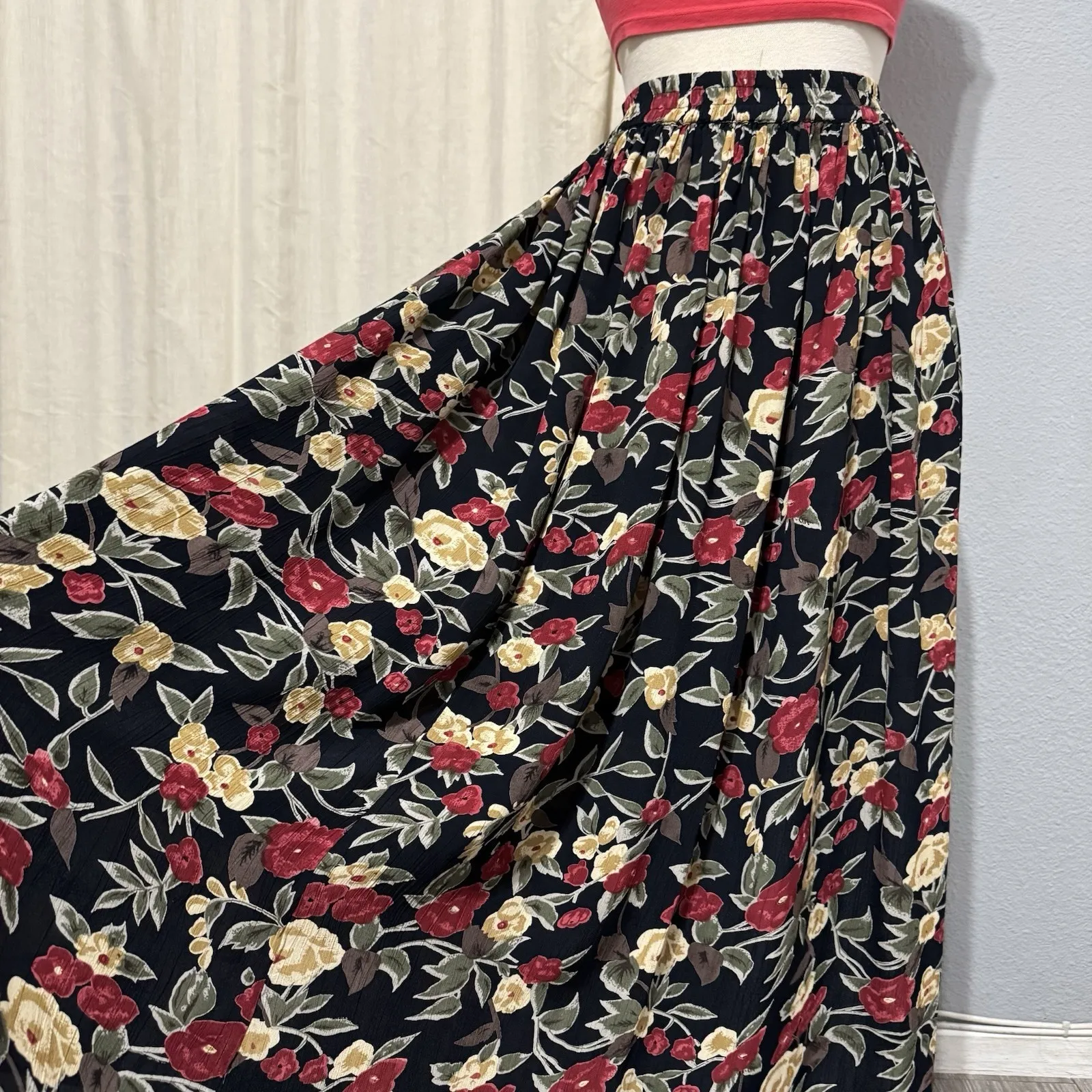 Orvis Floral Maxi Skirt XL Cottage Bohemian Artsy Peasant Granny Crinkle Dark - Image 7