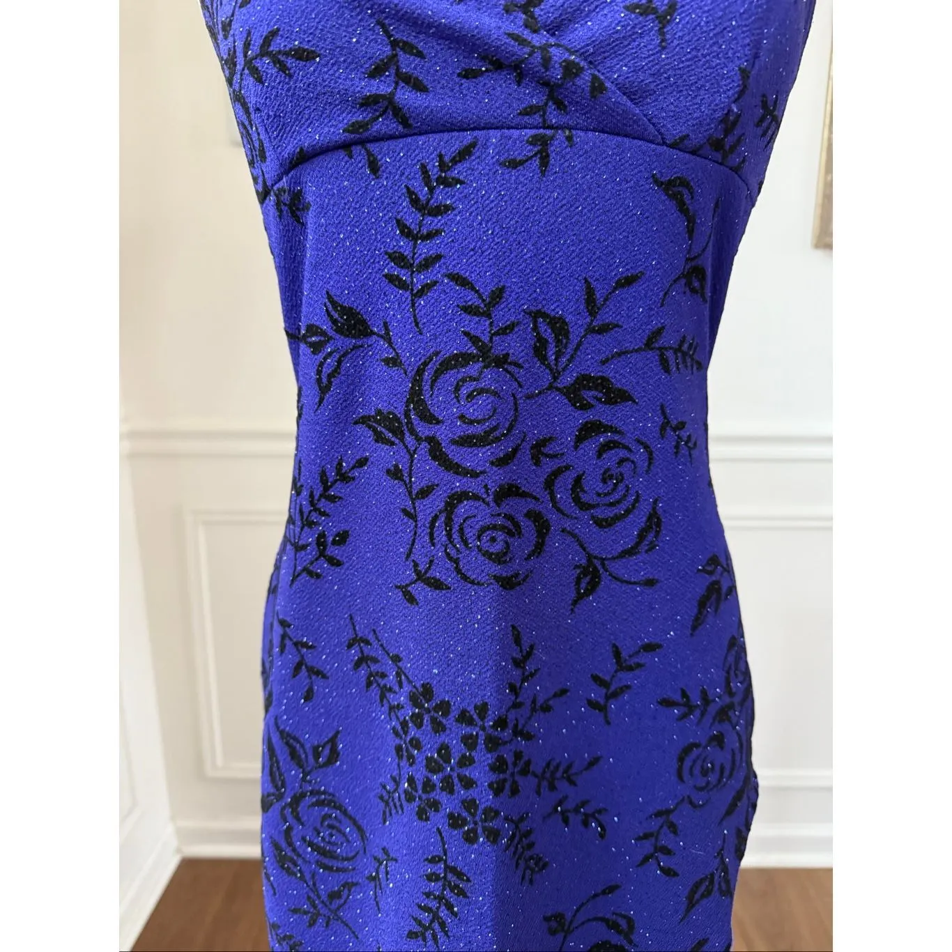 Vintage 90s Rocket Candy Halter HiLo Purple Sress Black Rose Lurex USA L Size L - Image 5