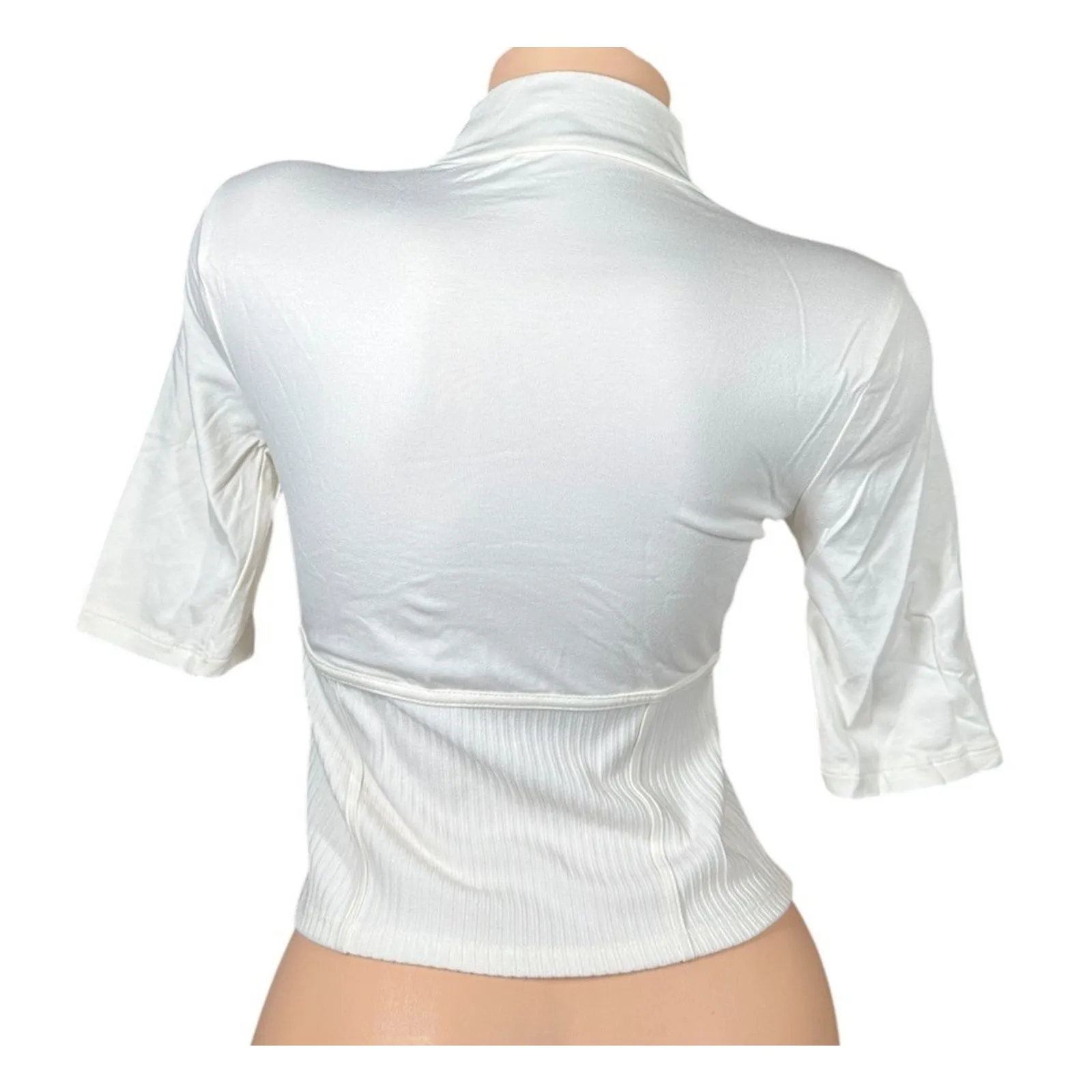 Guess Sz Small Half Sleeve High Neck Crop Top Womens Knit Ivory Ribbed Panels - Image 5