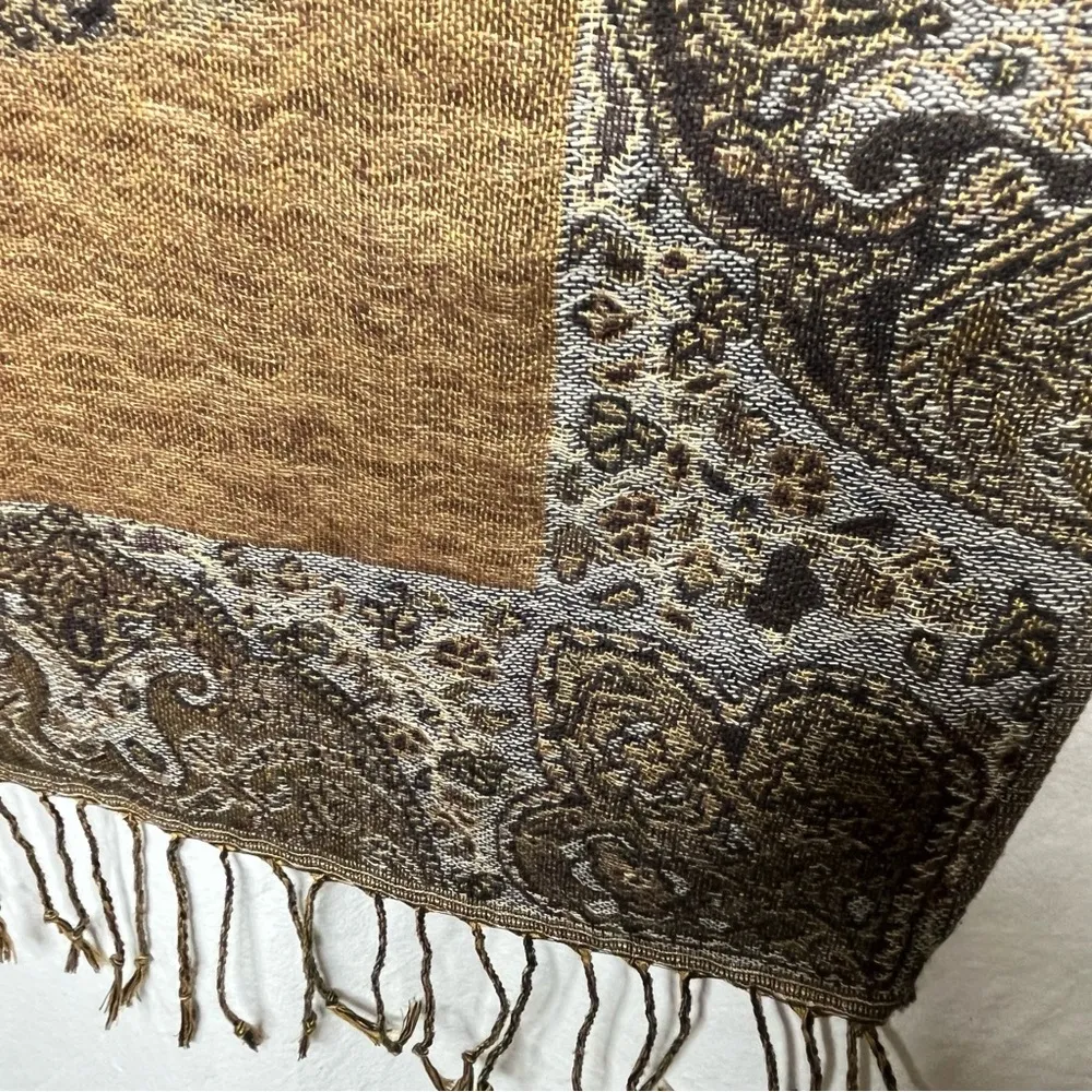 Pashmina Silk Blend Brown and Tan Oversize Scarf with‎ Fringe - Image 6