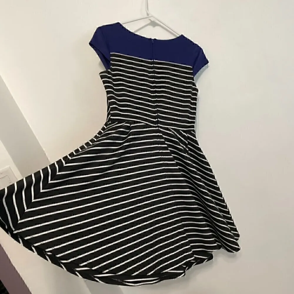 BCX Black White Indigo Colorblock Striped Cap Sleeve Fit & Flare Dress JUNIORS 7 - Image 12