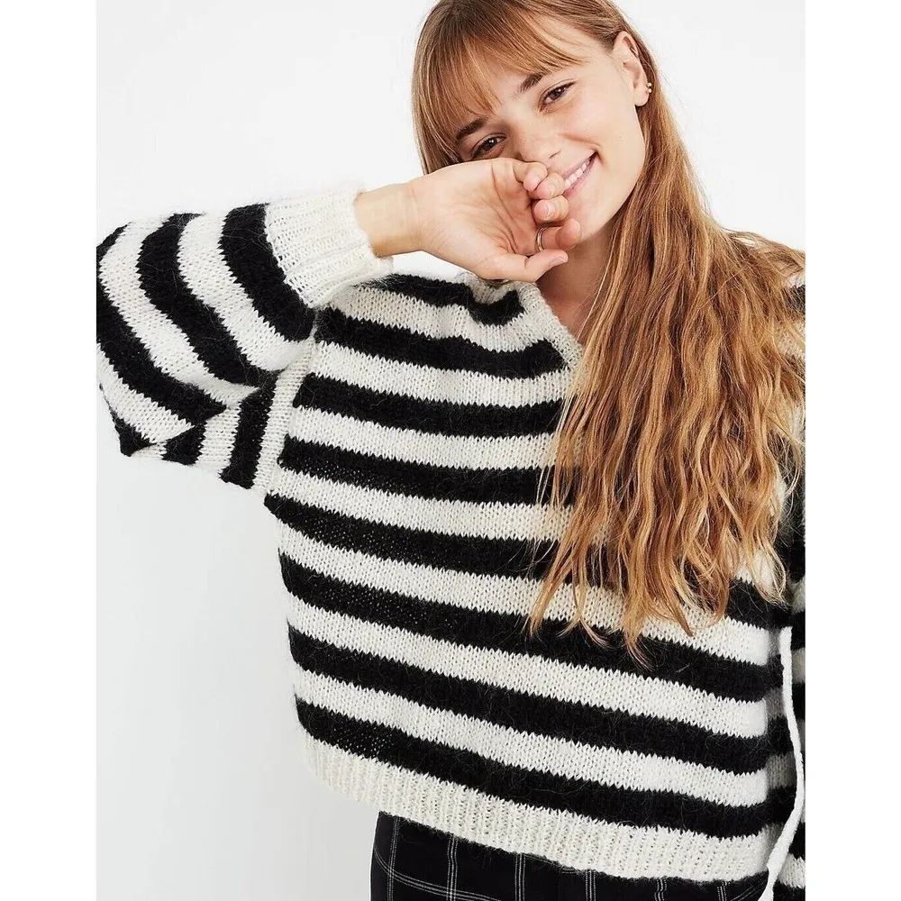 Madewell Striped Alpaca Wool Balloon Sleeve Pullover Sweater Women's B&W Size L - Image 2