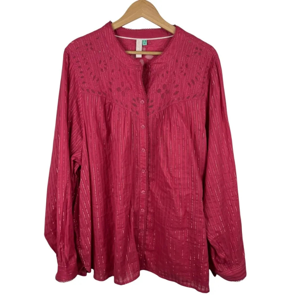 Pilcro Anthropologie Victoria Lace Blouse Sz 26W Metallic Stripe Top Boho Pink‎ - Image 2