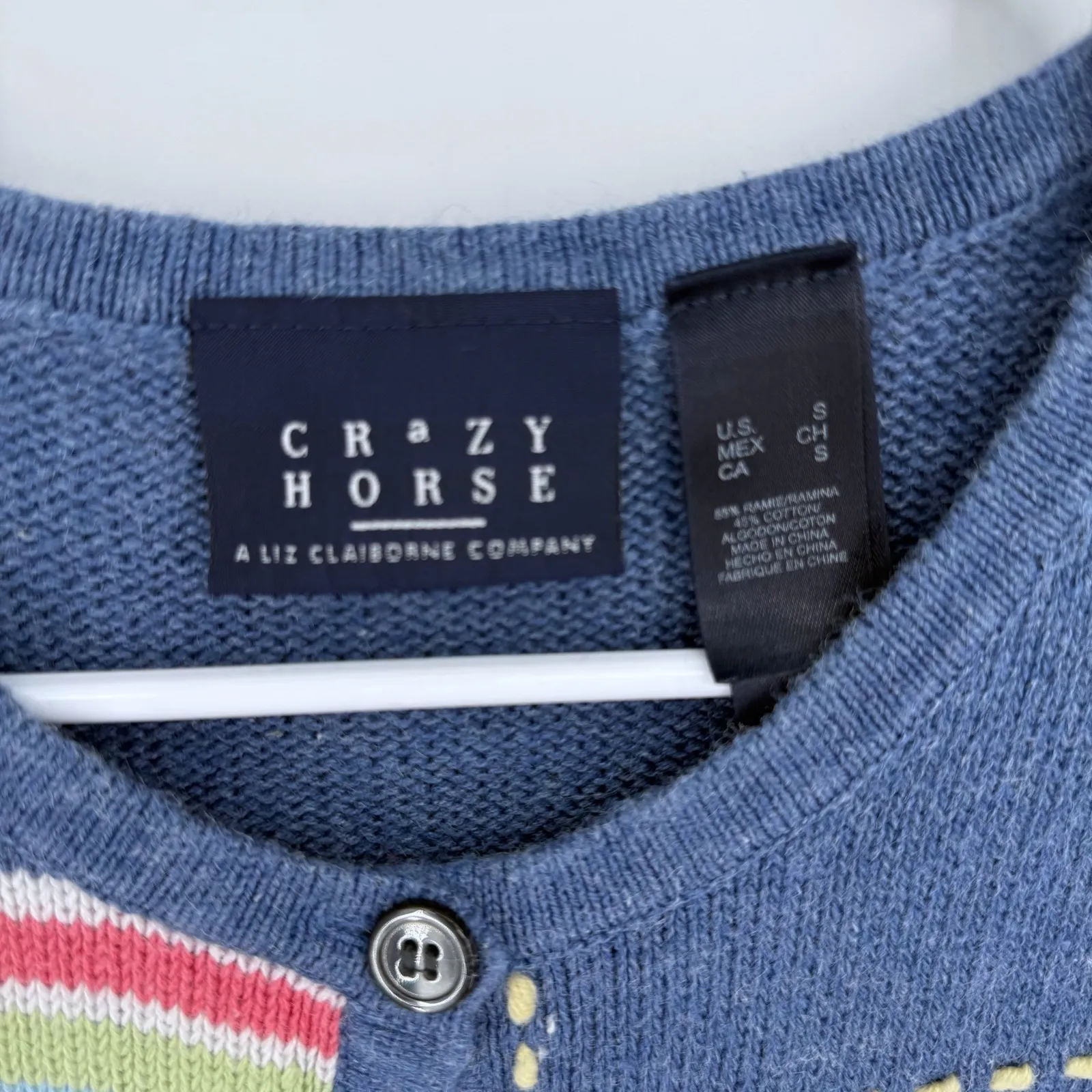 Crazy Horse Blue Pink Patchwork Knit Cardigan Sweater Top S Grannycore Cottage - Image 2