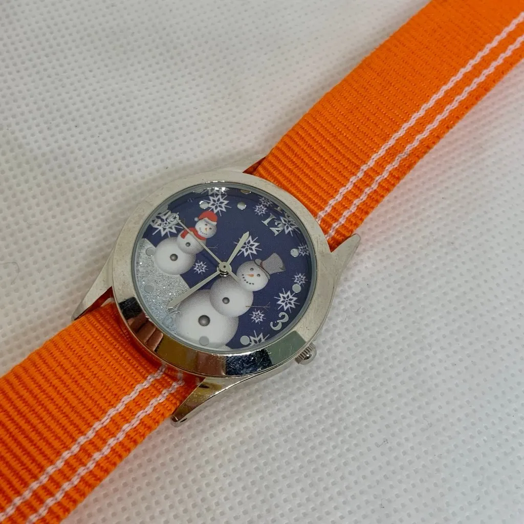 Women/kids Snowman wrist watch silver tone 32mm quartz analog orange running - Image 2