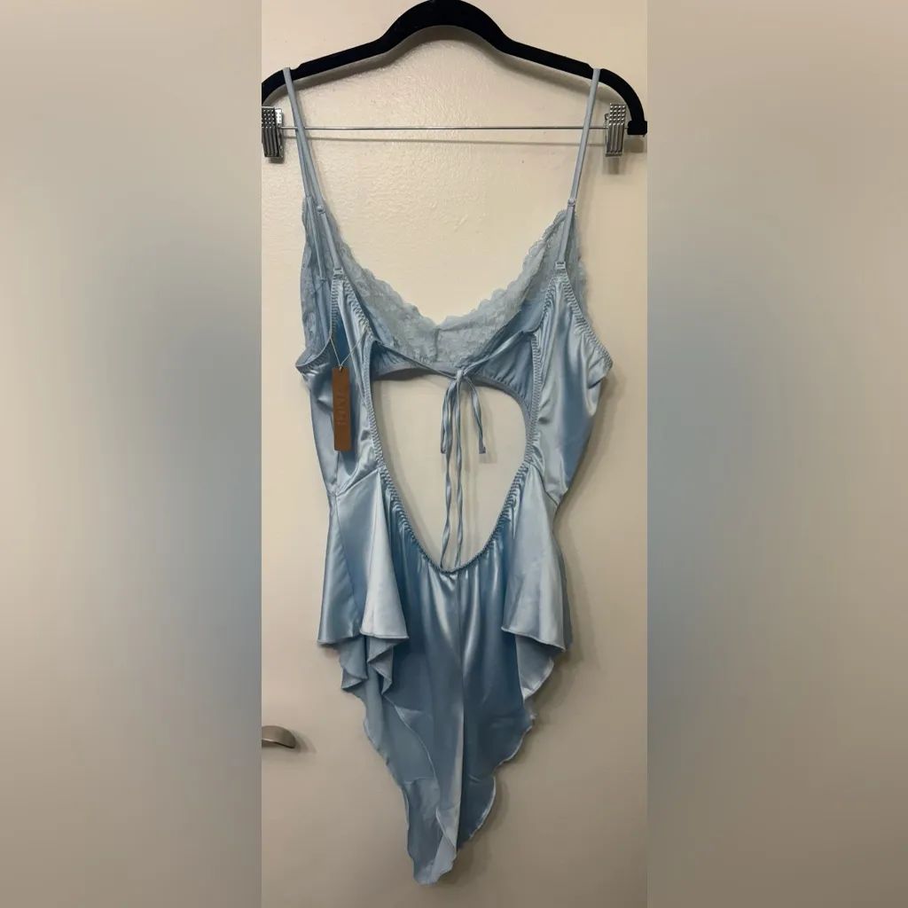 NWOT Skims Blue Satin & Lace Trim Cut Out Bodysuit - Image 2