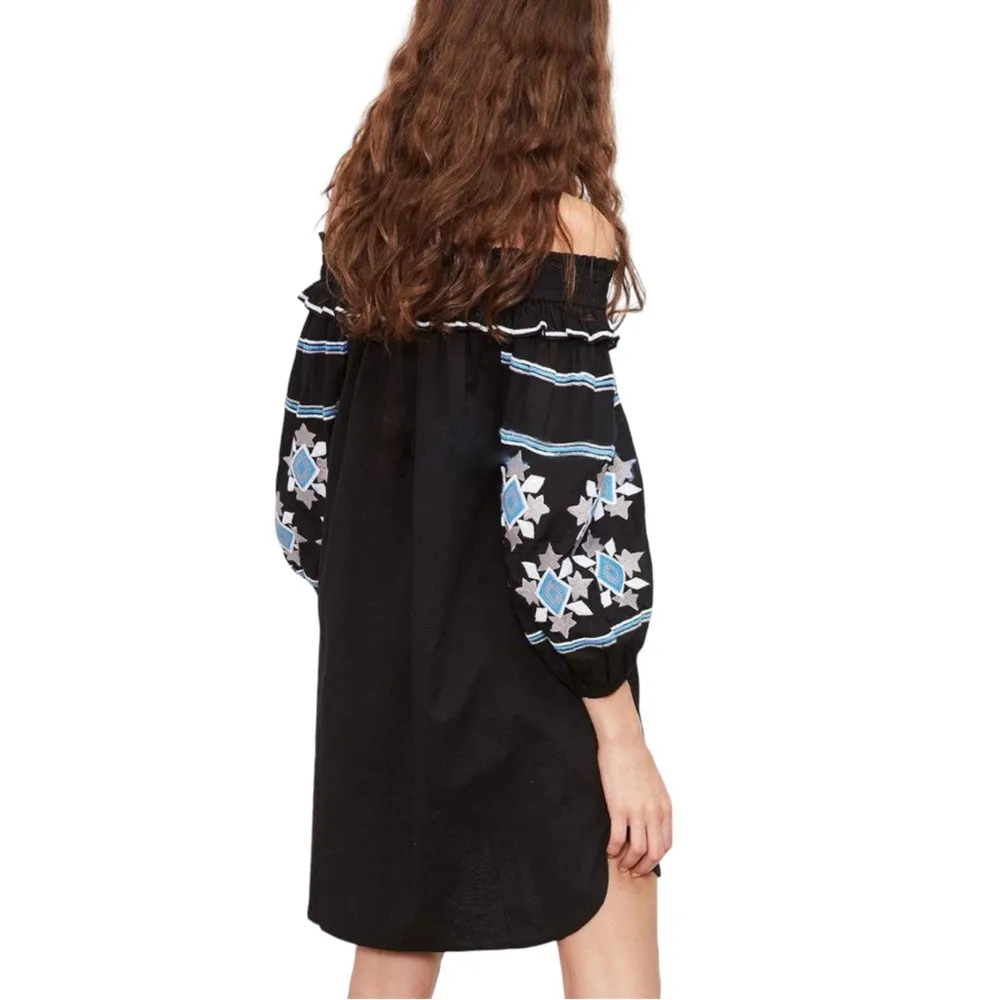 MISA Natalie Off The Shoulder Embroidered Mini Dress in Black/Blue/White - Image 2