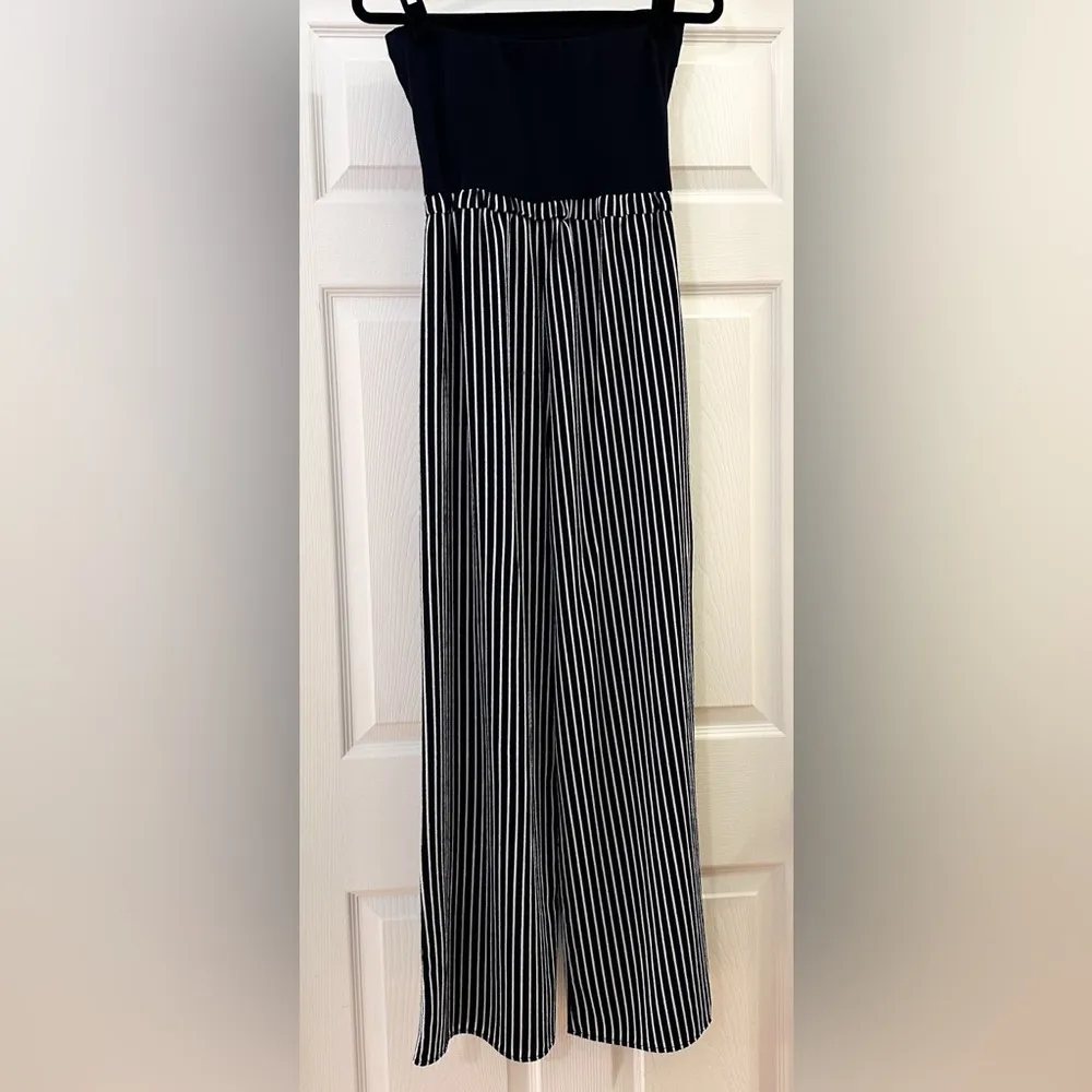 Shop 17 Strapless Wide leg Jumpsuit Striped Navy Blue White sz Small - Image 5